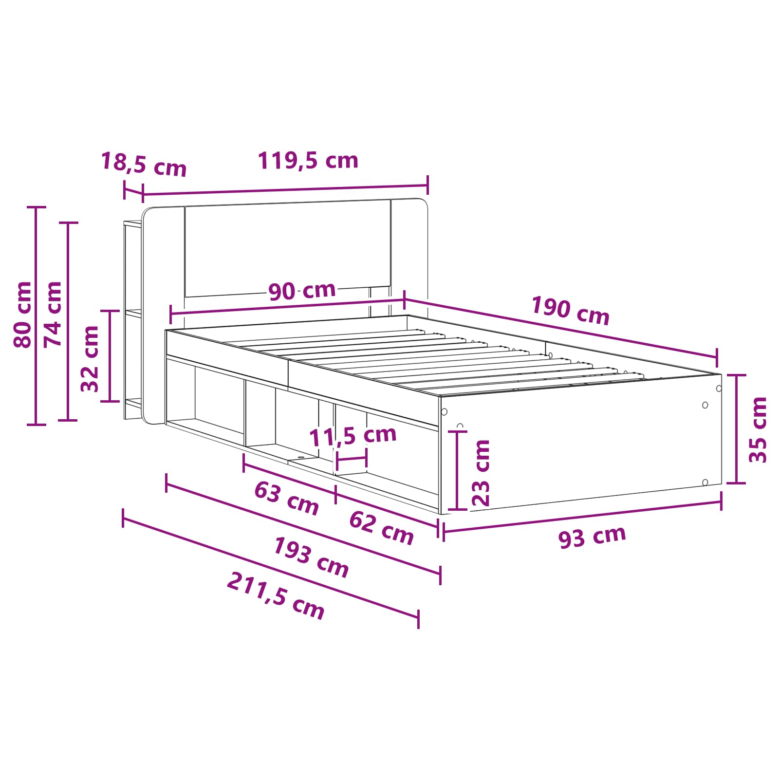 Okvir kreveta s pohranom Bijela 90 x 190 cm Konstruirano drvo