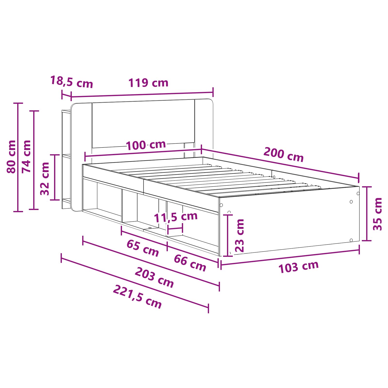Okvir kreveta s pohranom s uzglavljem Staro drvo 100 x 200 cm