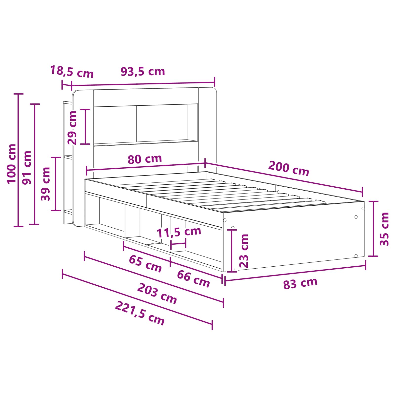 Okvir kreveta s pohranom s uzglavljem Siva Sonoma 80 x 200 cm