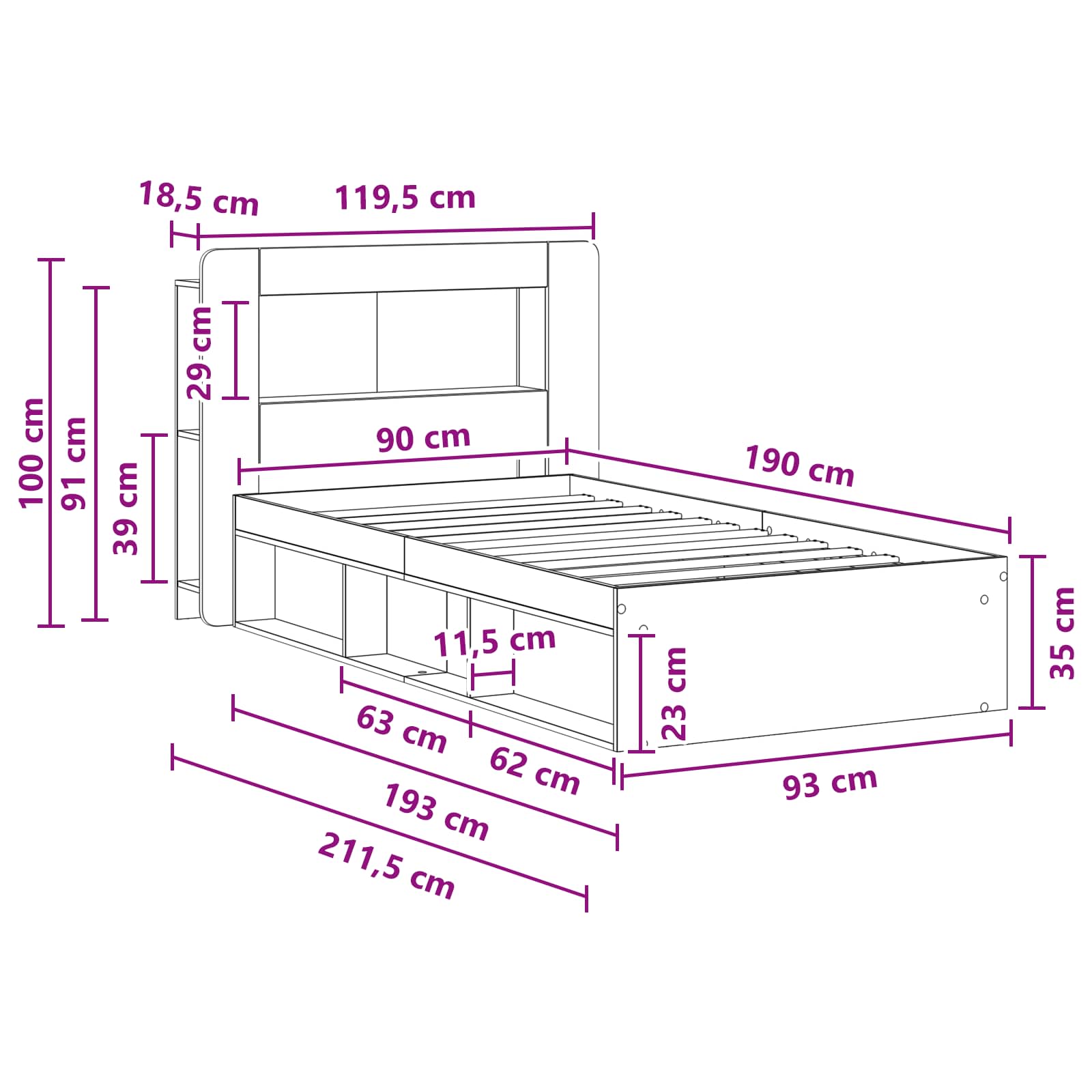 Okvir kreveta s pohranom s uzglavljem Staro drvo 90 x 190 cm