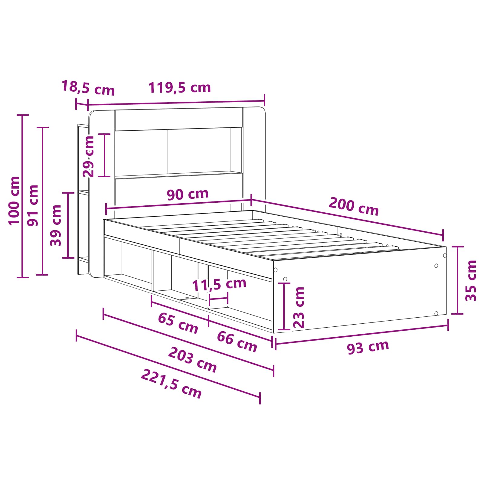 Okvir kreveta s pohranom s uzglavljem Betonska siva 90 x 200 cm