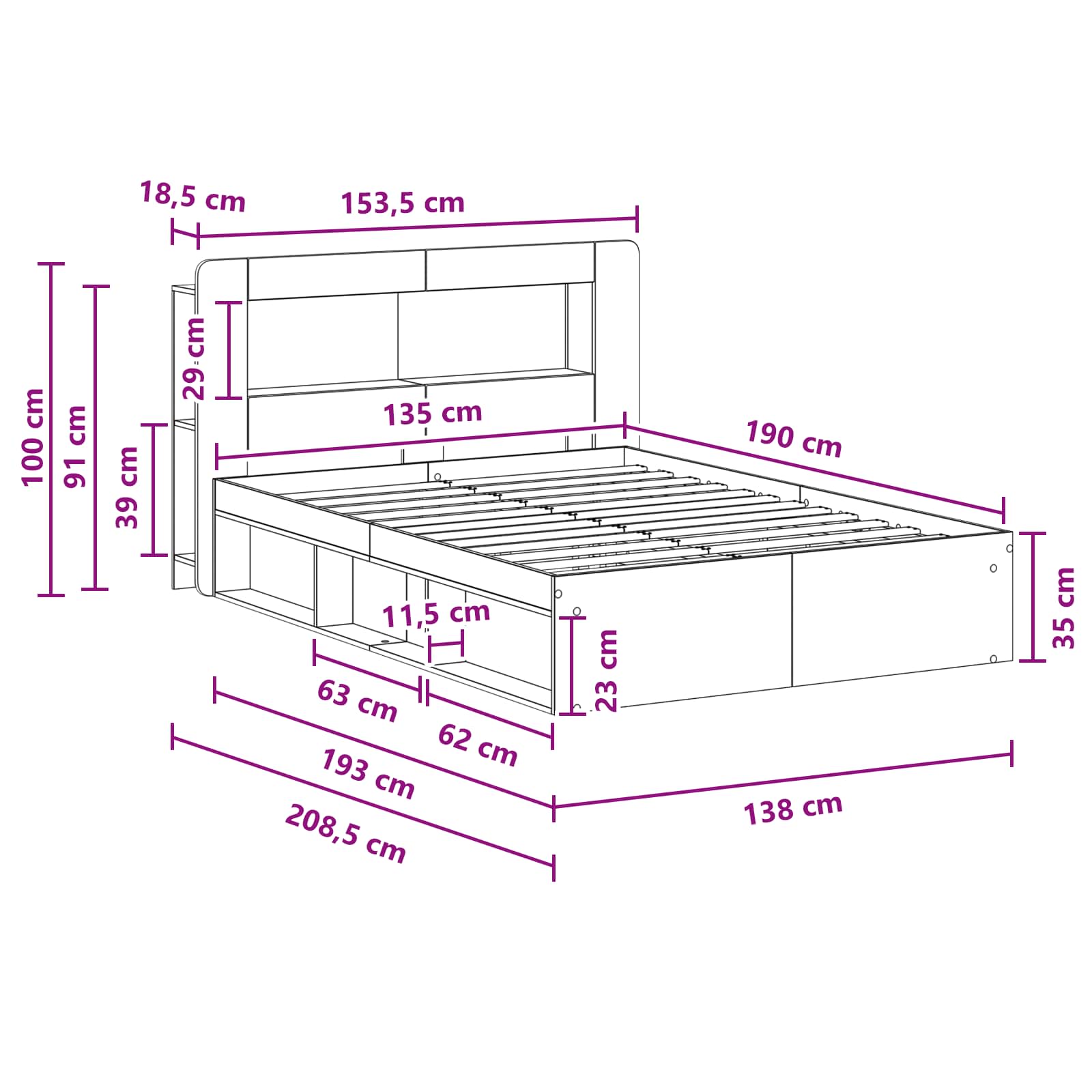 Okvir kreveta s pohranom s uzglavljem Staro drvo 135 x 190 cm