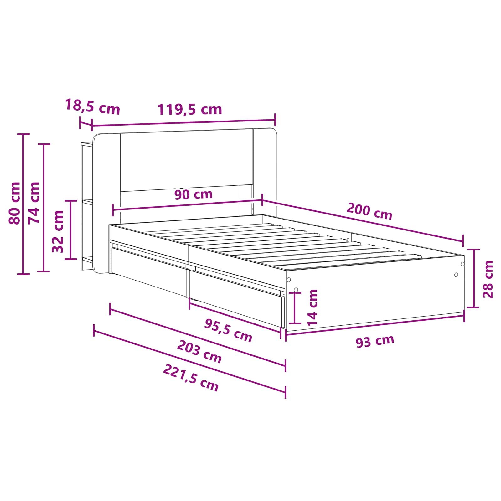 Okvir kreveta s pohranom s ladicama Siva Sonoma 90 x 200 cm