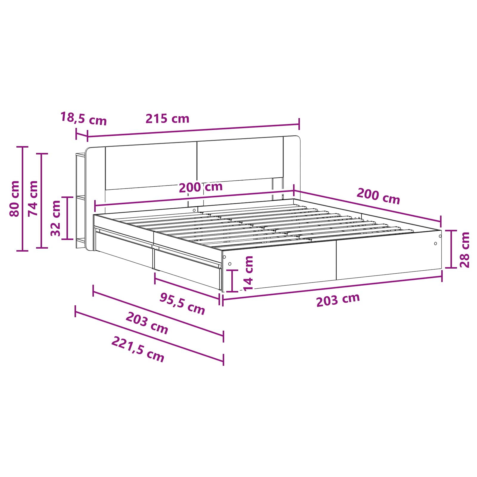Okvir kreveta s pohranom s ladicama Siva Sonoma 200 x 200 cm