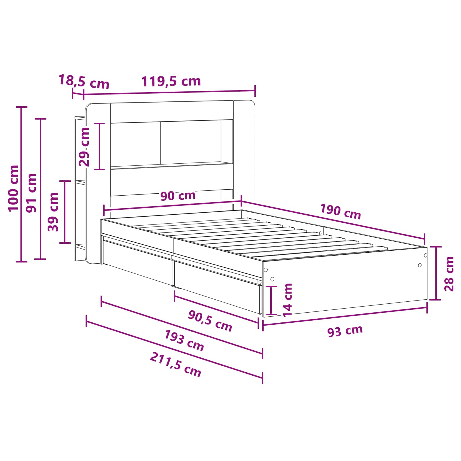 Okvir kreveta s pohranom s ladicama Betonska siva 90 x 190 cm