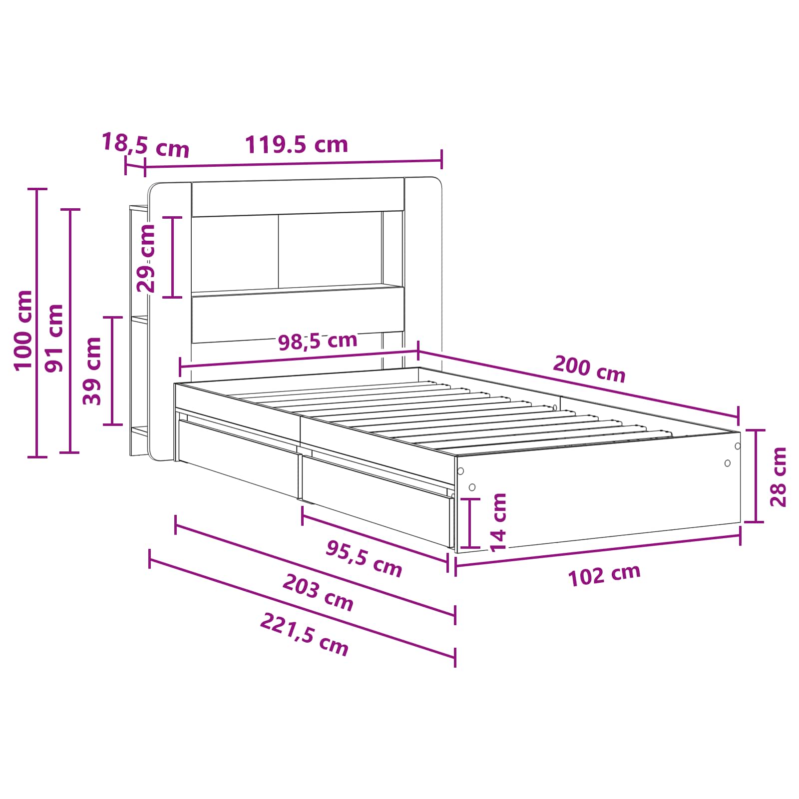 Okvir kreveta s pohranom s ladicama Hrast sonoma 100 x 200 cm