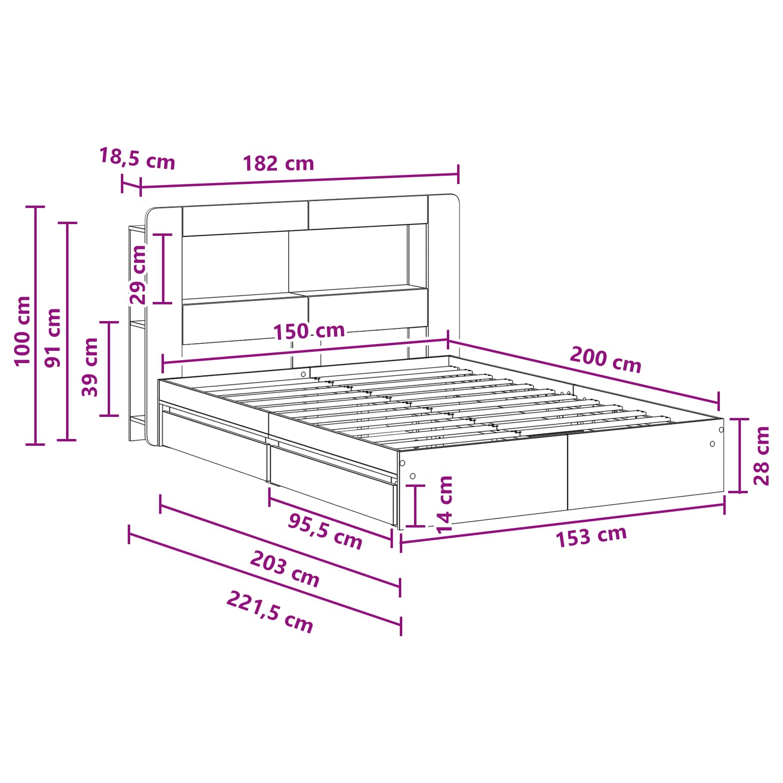 Okvir kreveta s pohranom s ladicama Betonska siva 150 x 200 cm