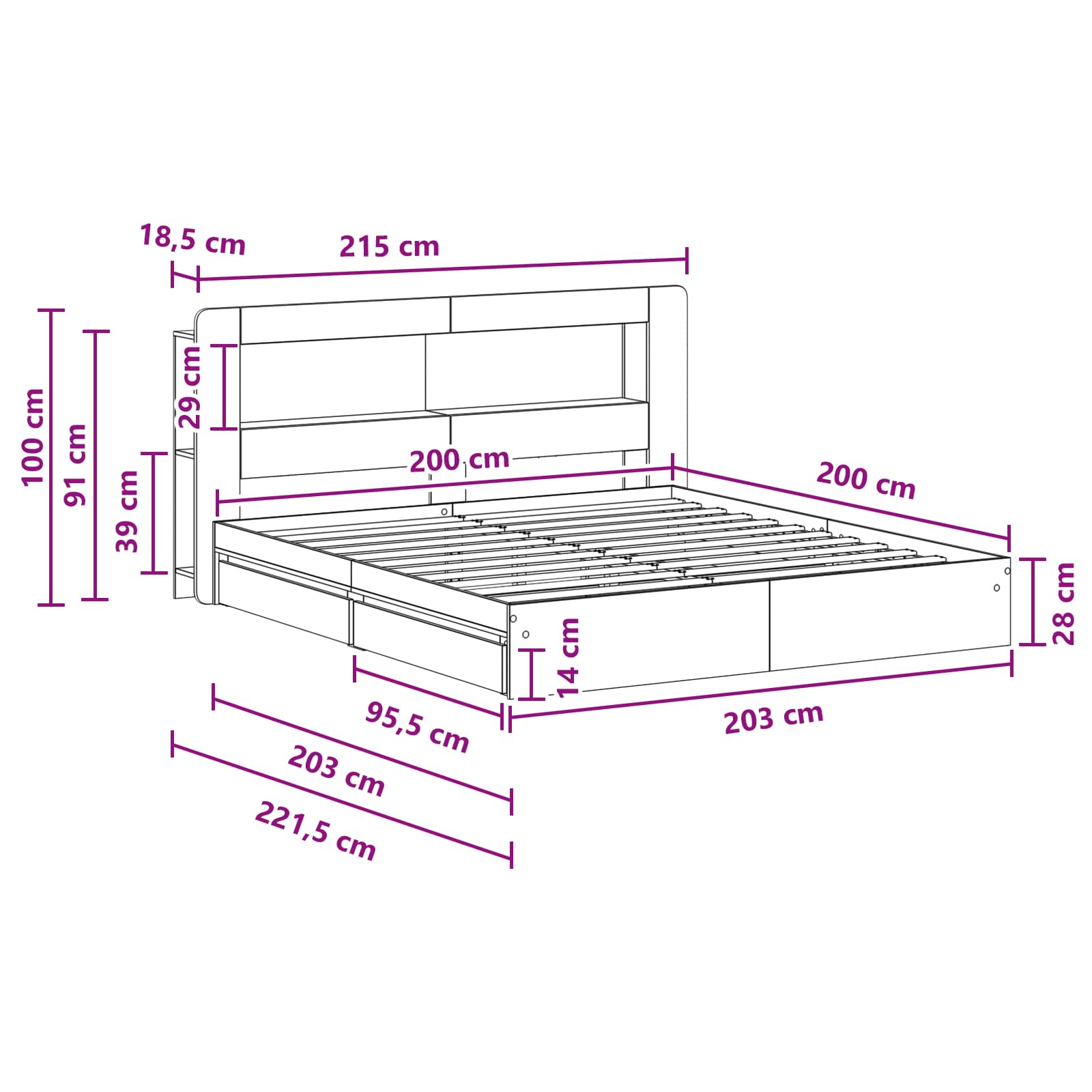 Okvir kreveta s pohranom Crna 200 x 200 cm Konstruirano drvo