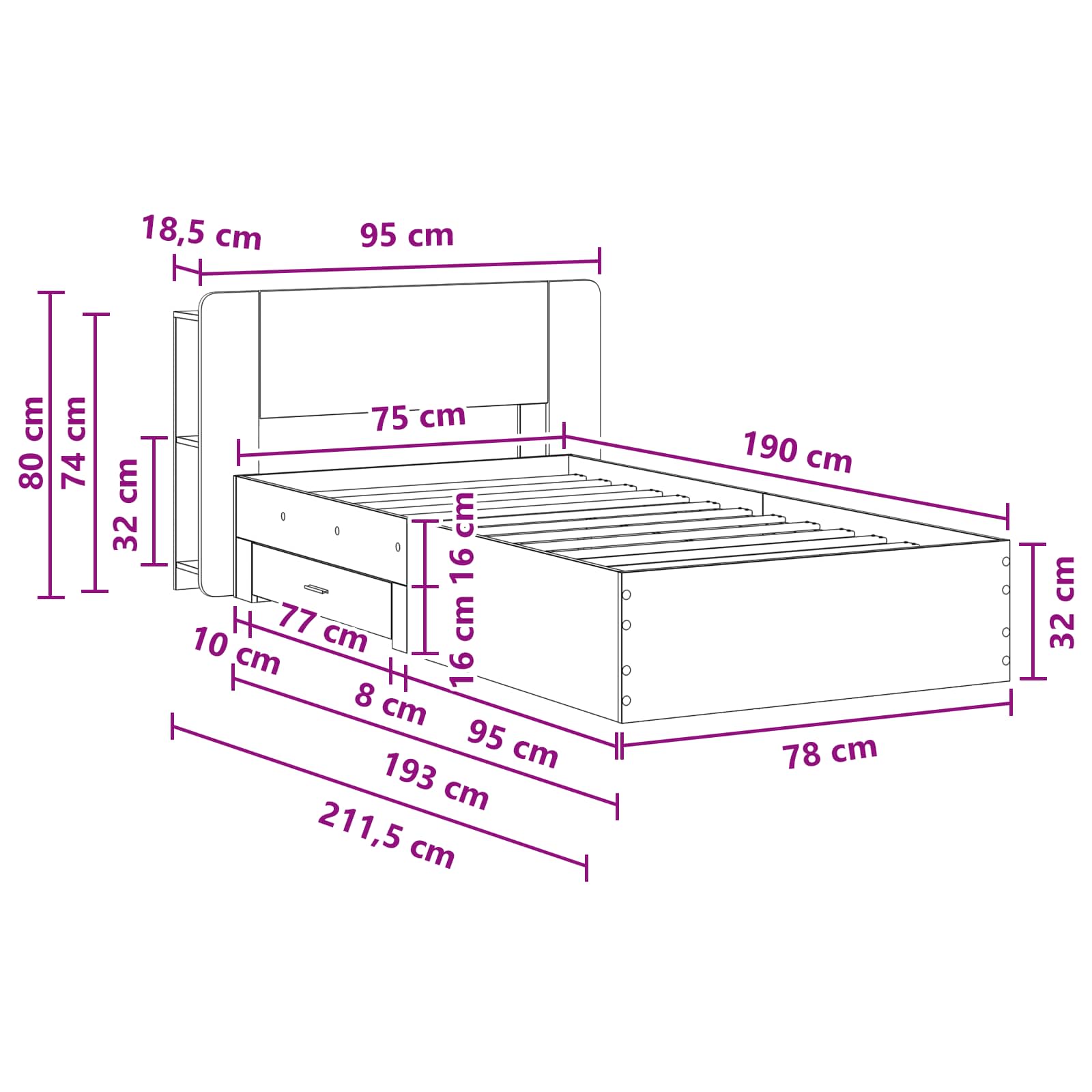Okvir kreveta s pohranom Crna 75 x 190 cm Konstruirano drvo
