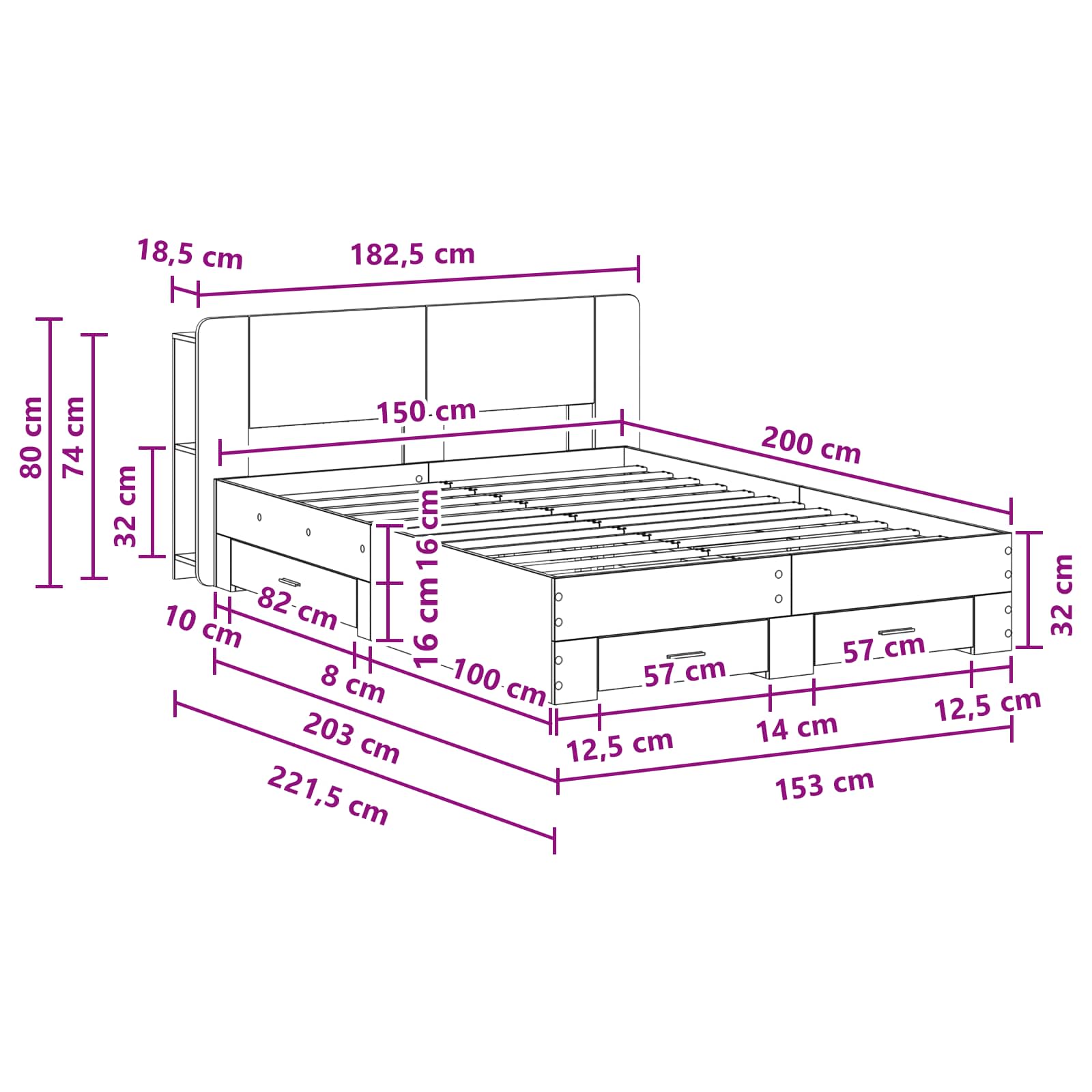 Okvir kreveta s pohranom Dimljeni hrast 150 x 200 cm