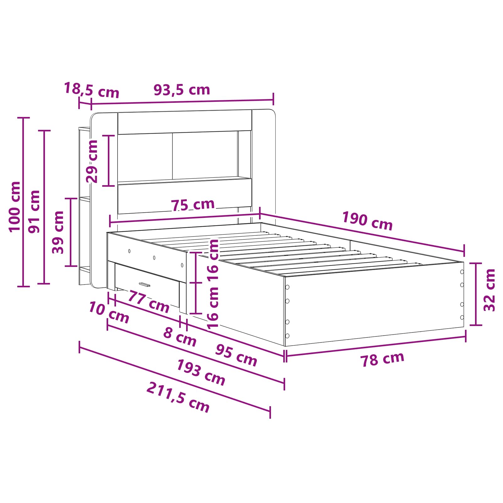 Okvir kreveta s pohranom Crna 75 x 190 cm Konstruirano drvo