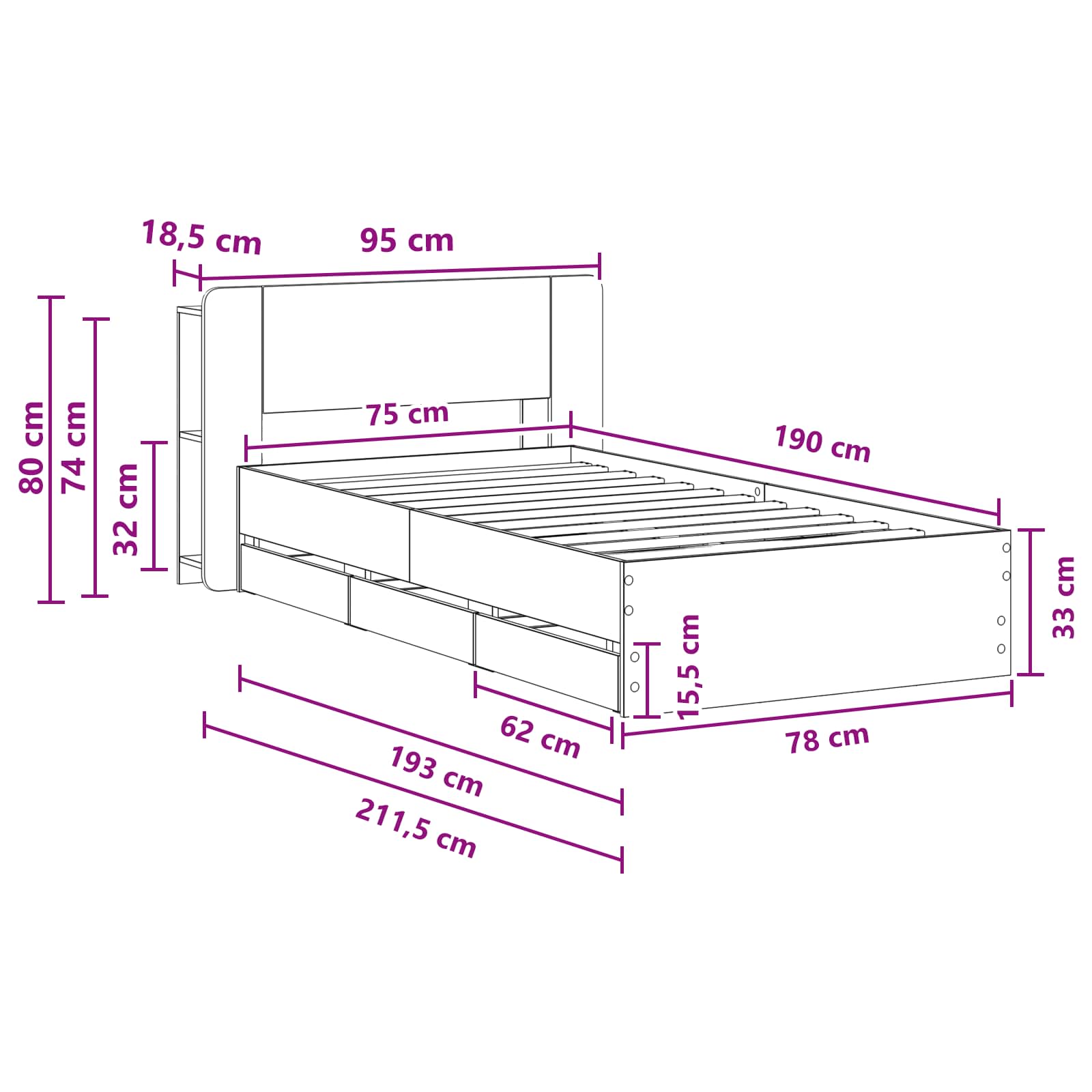 Okvir kreveta s pohranom Dimljeni hrast 75 x 190 cm