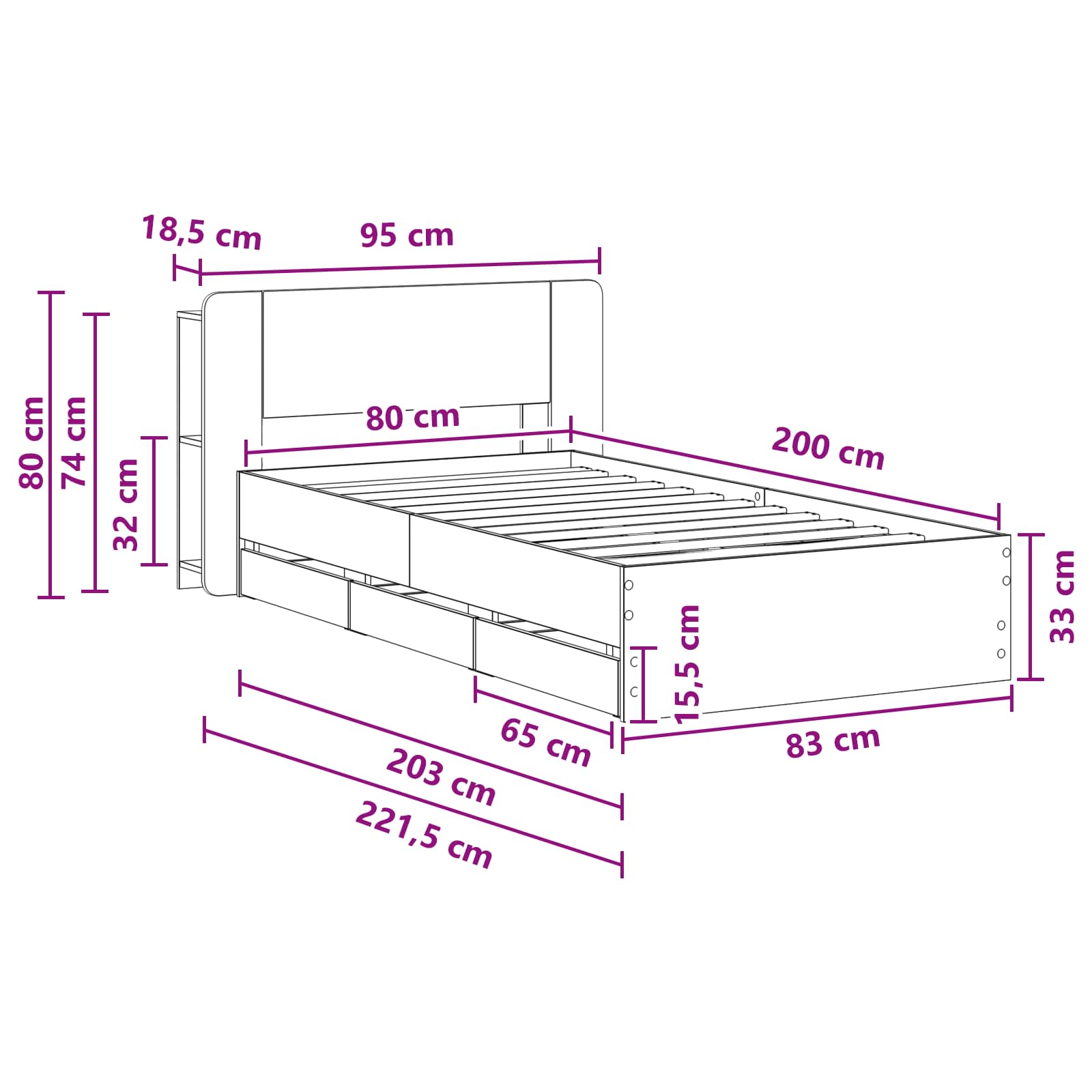 Okvir kreveta s pohranom Bijela 80 x 200 cm Konstruirano drvo