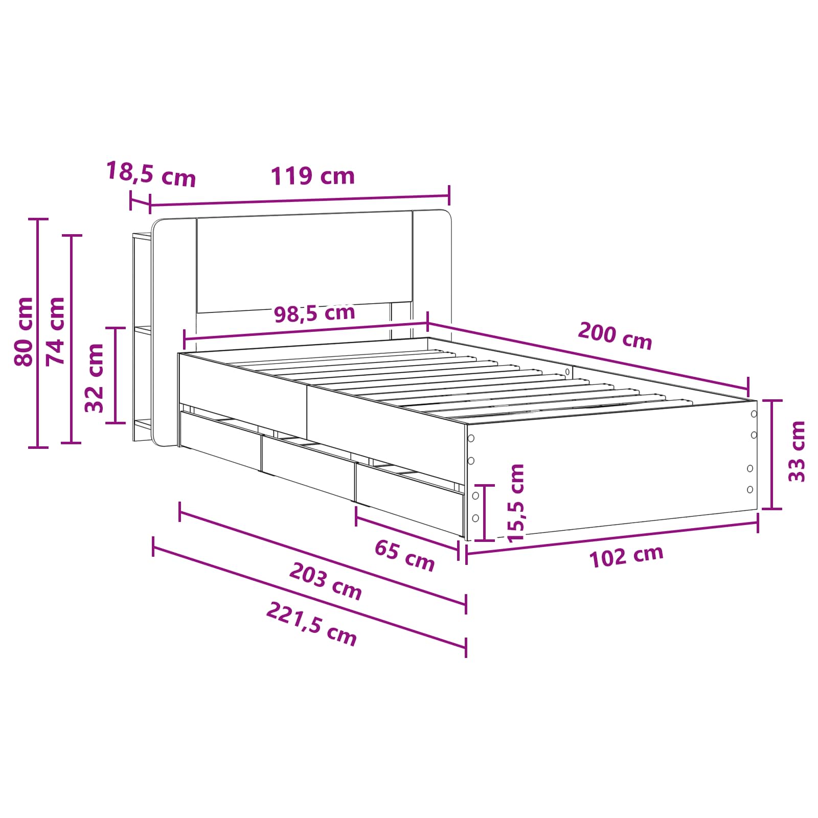 Okvir kreveta s pohranom s uzglavljem Siva Sonoma 100 x 200 cm