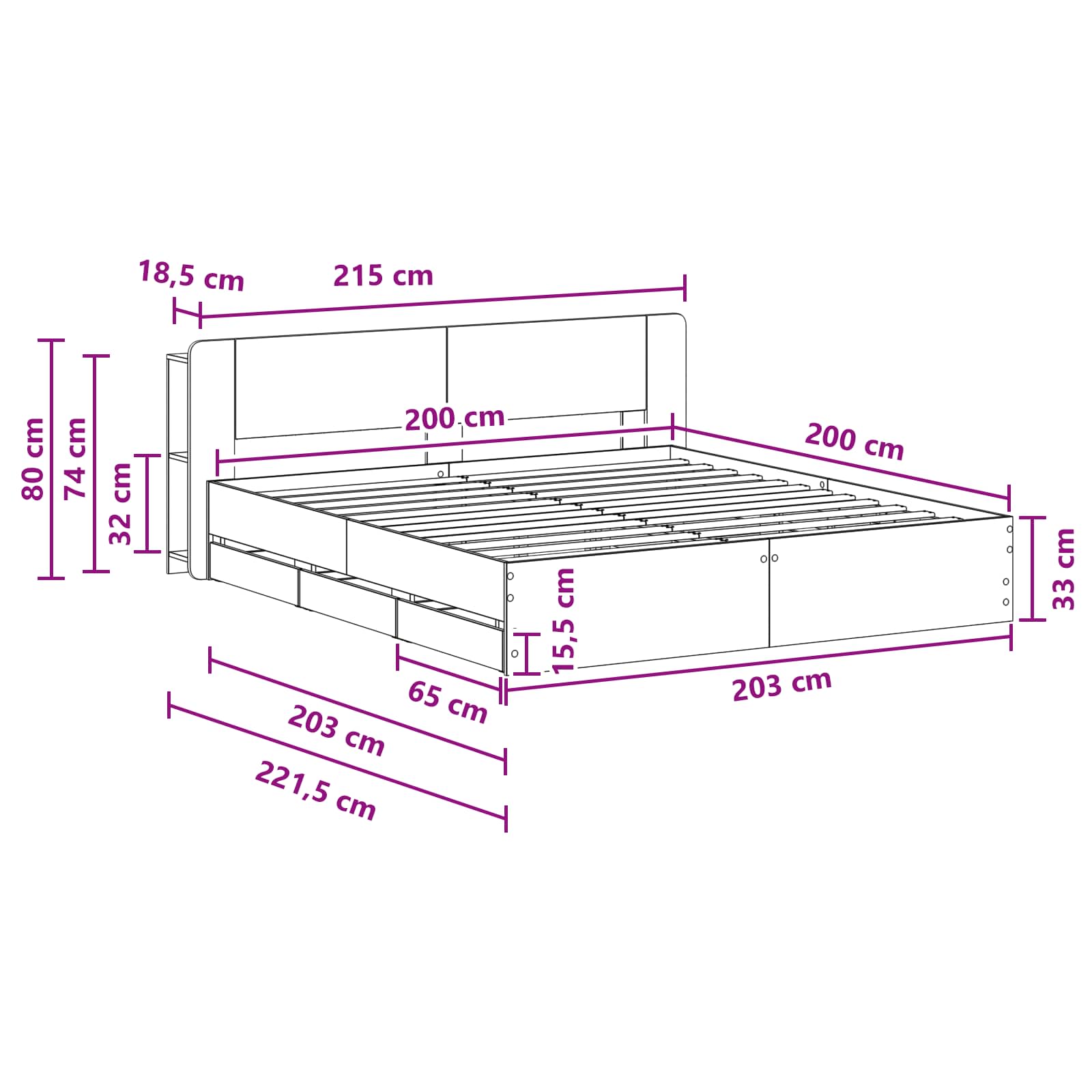 Okvir kreveta s pohranom s ladicama Siva Sonoma 200 x 200 cm
