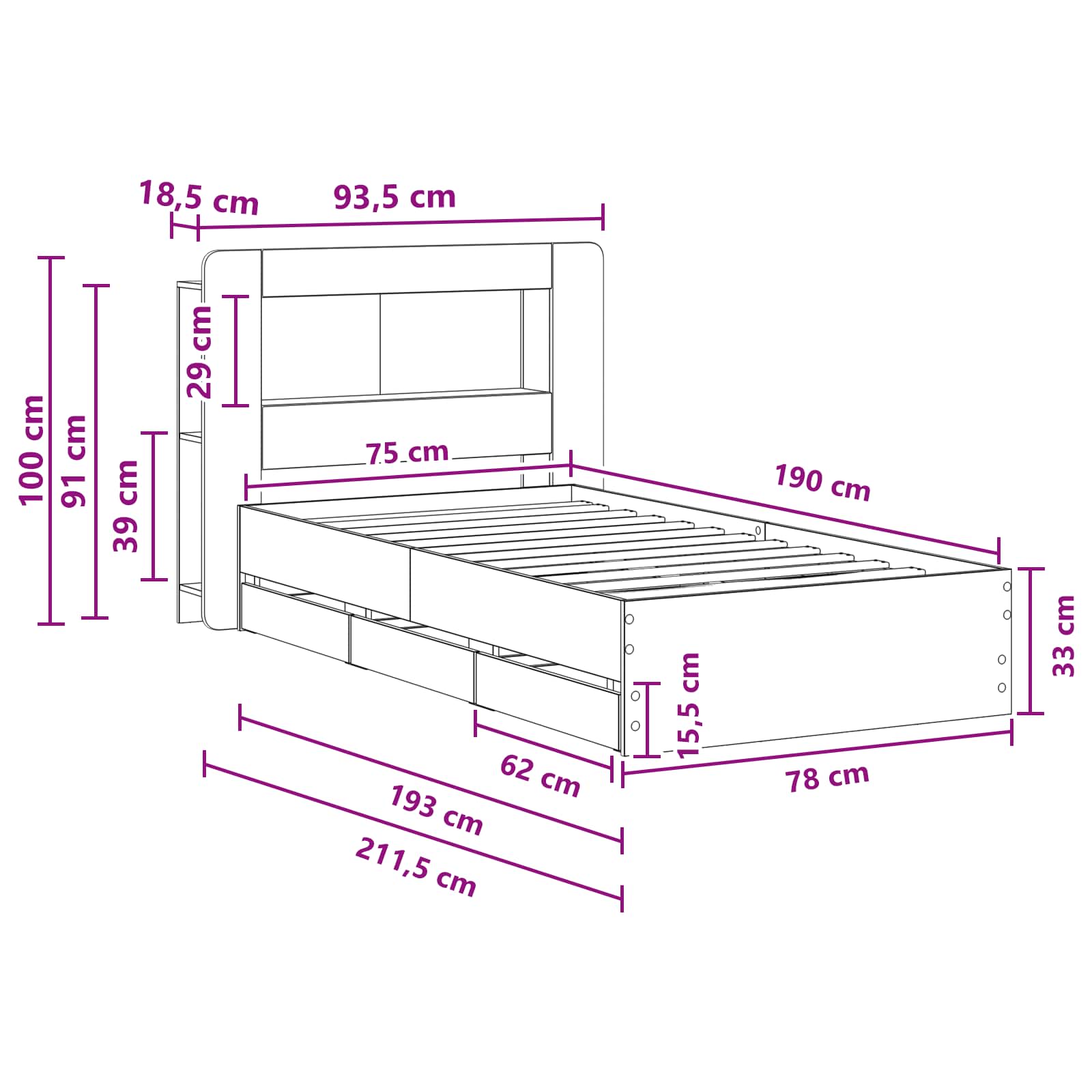 Okvir kreveta s pohranom s uzglavljem Siva Sonoma 75 x 190 cm
