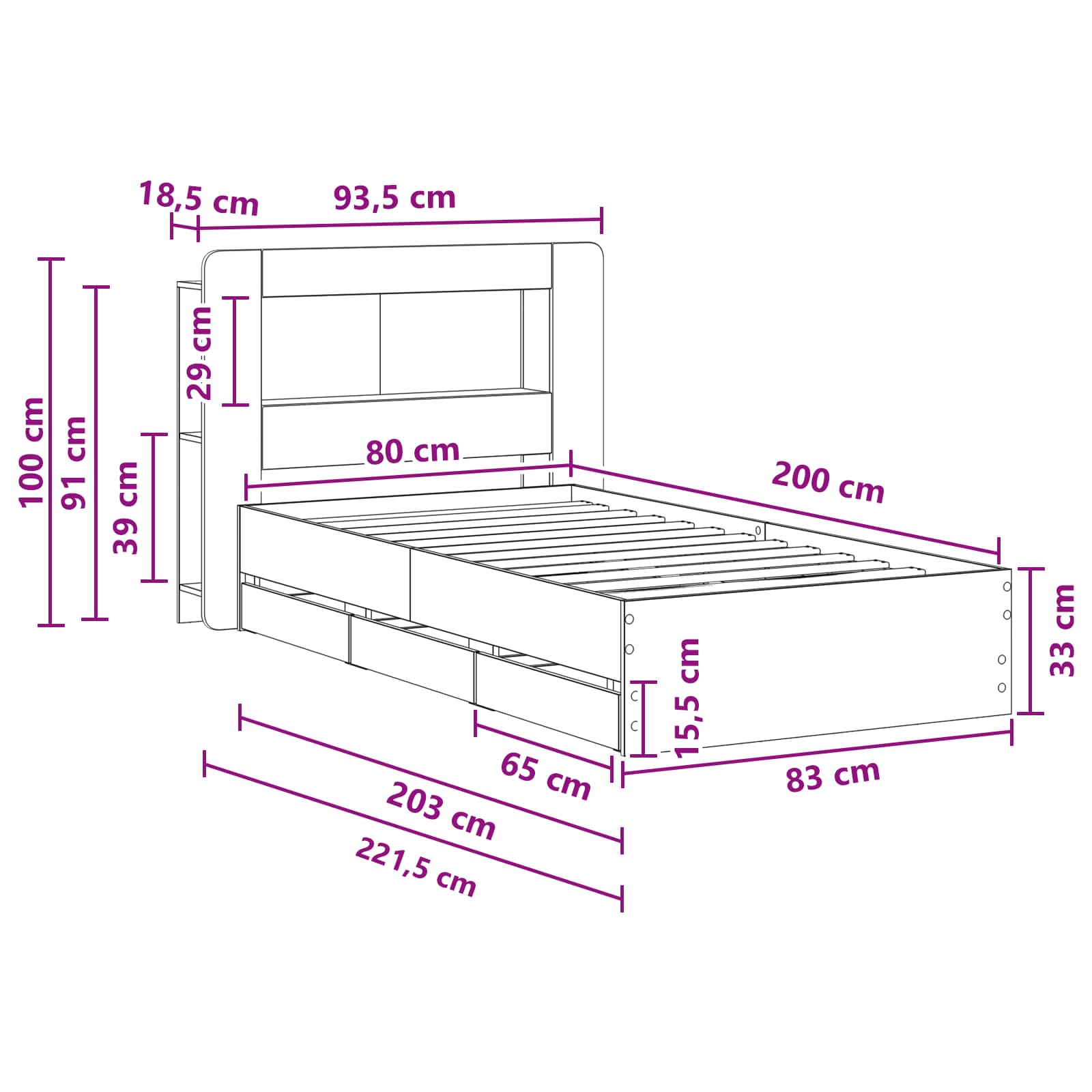 Okvir kreveta s pohranom Bijela 80 x 200 cm Konstruirano drvo