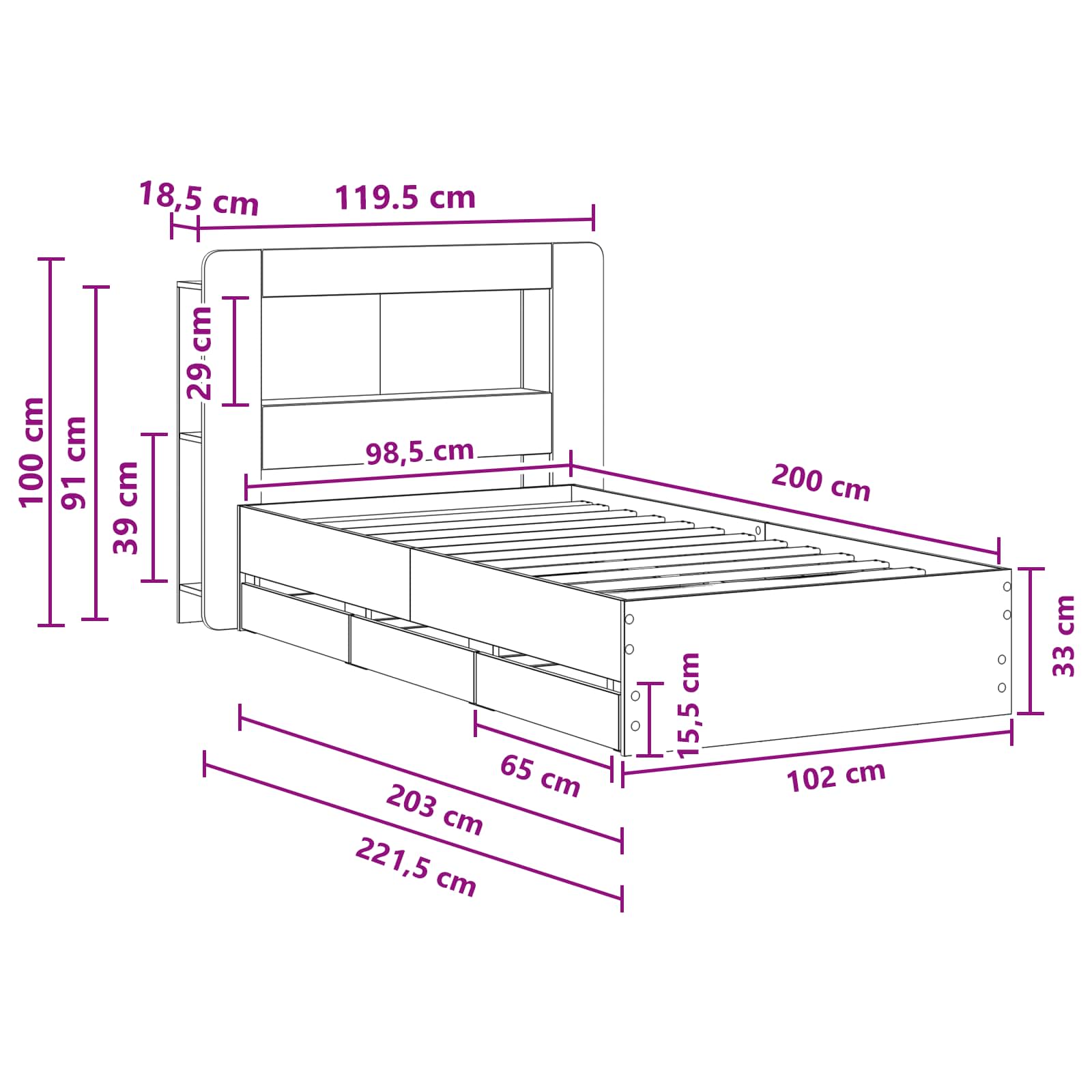Okvir kreveta s pohranom Dimljeni hrast 100 x 200 cm