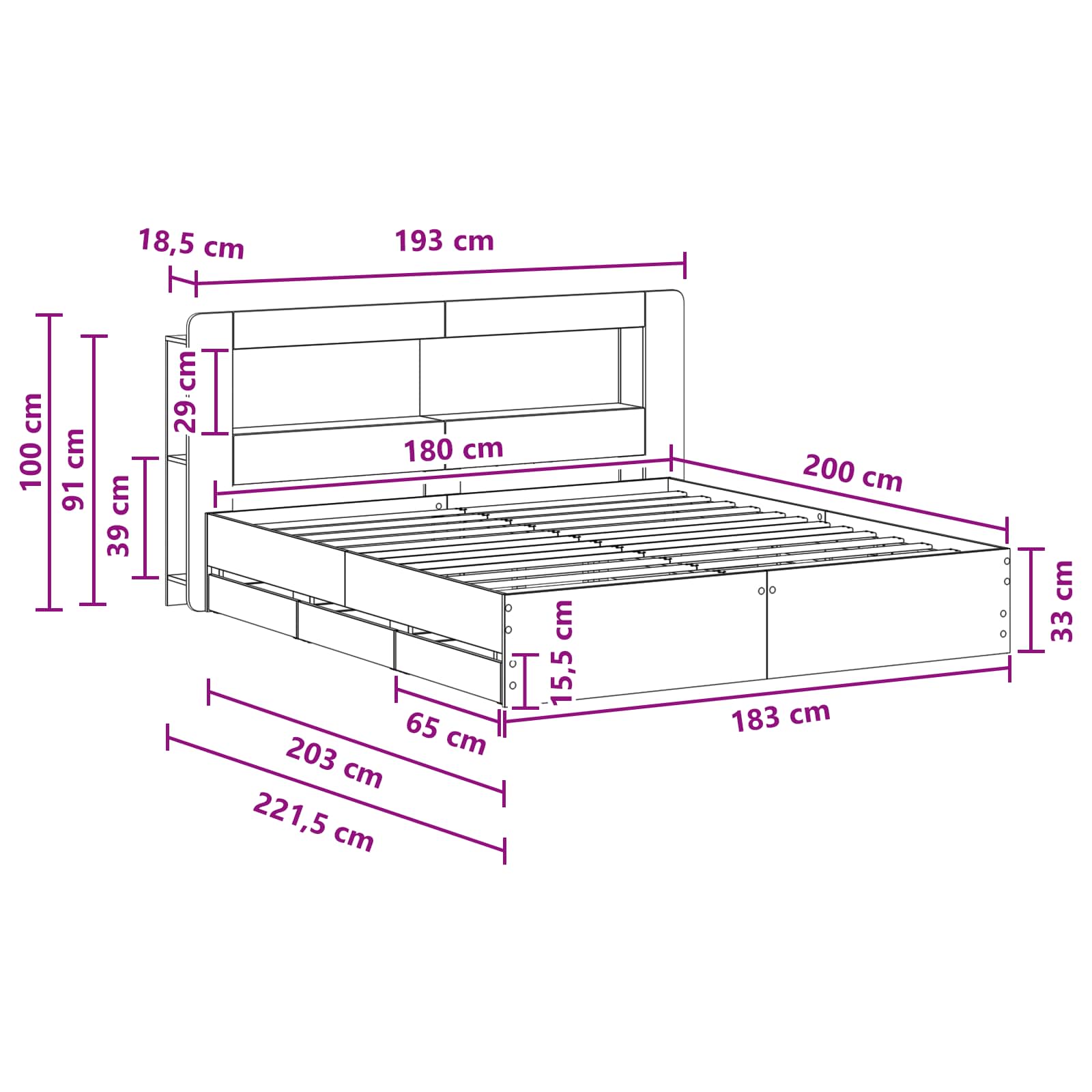 Okvir kreveta s pohranom s uzglavljem Siva Sonoma 180 x 200 cm