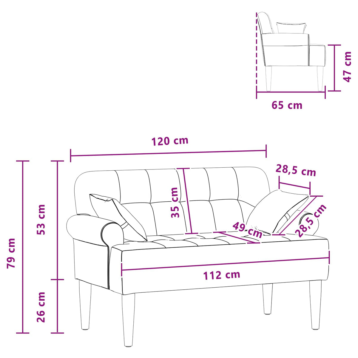 Ljubavni kauč s gumbima Crna 120 x 65 x 79 cm Tkanina