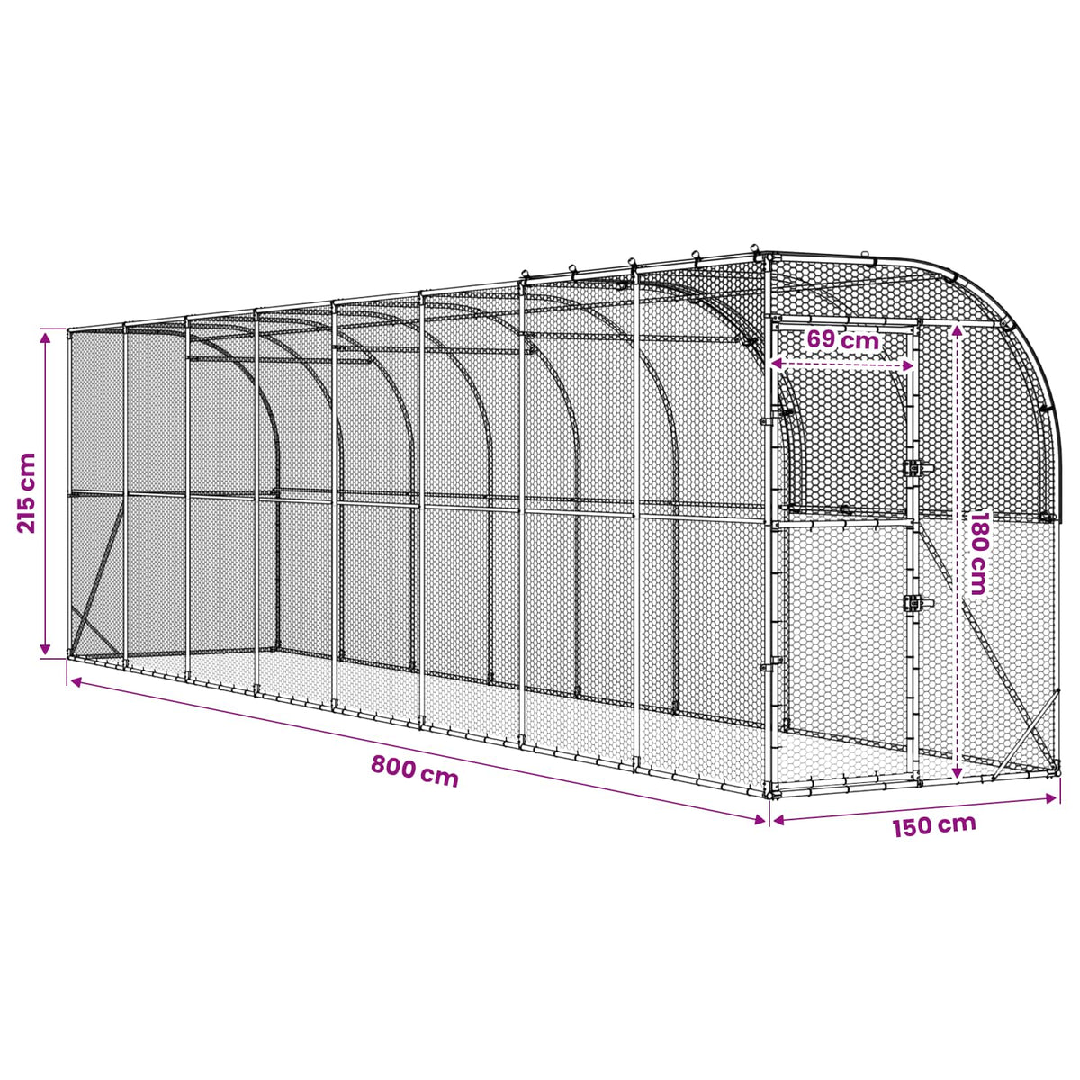 Kavez za piletinu uz zid Srebrna 800 x 150 x 215 cm