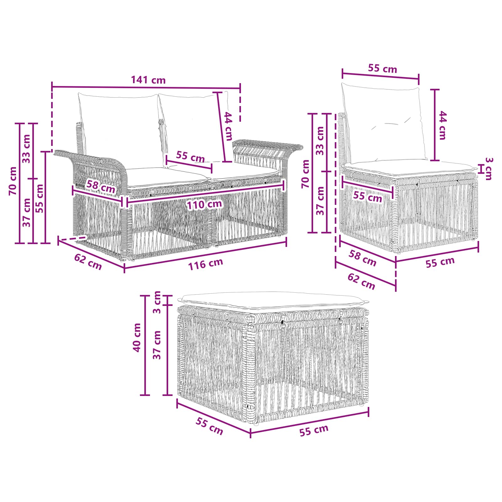 Sjedeća garnitura za vrt 6 kom. Crna poliratan