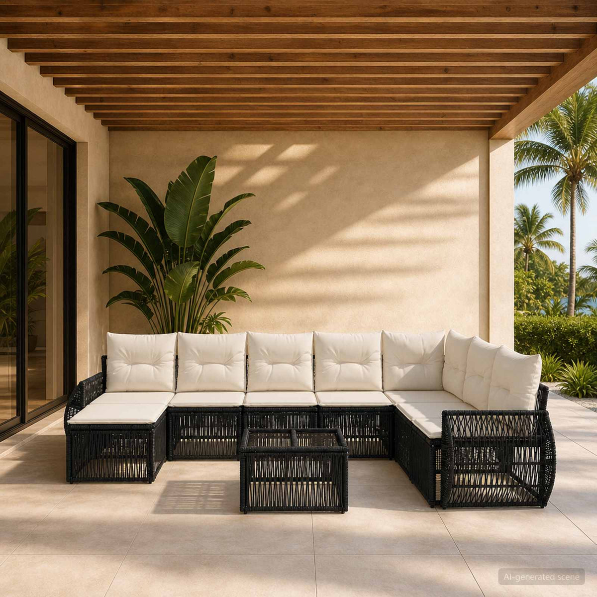 Sjedeća garnitura za vrt 9 kom. Crna i krem-bijela poliratan