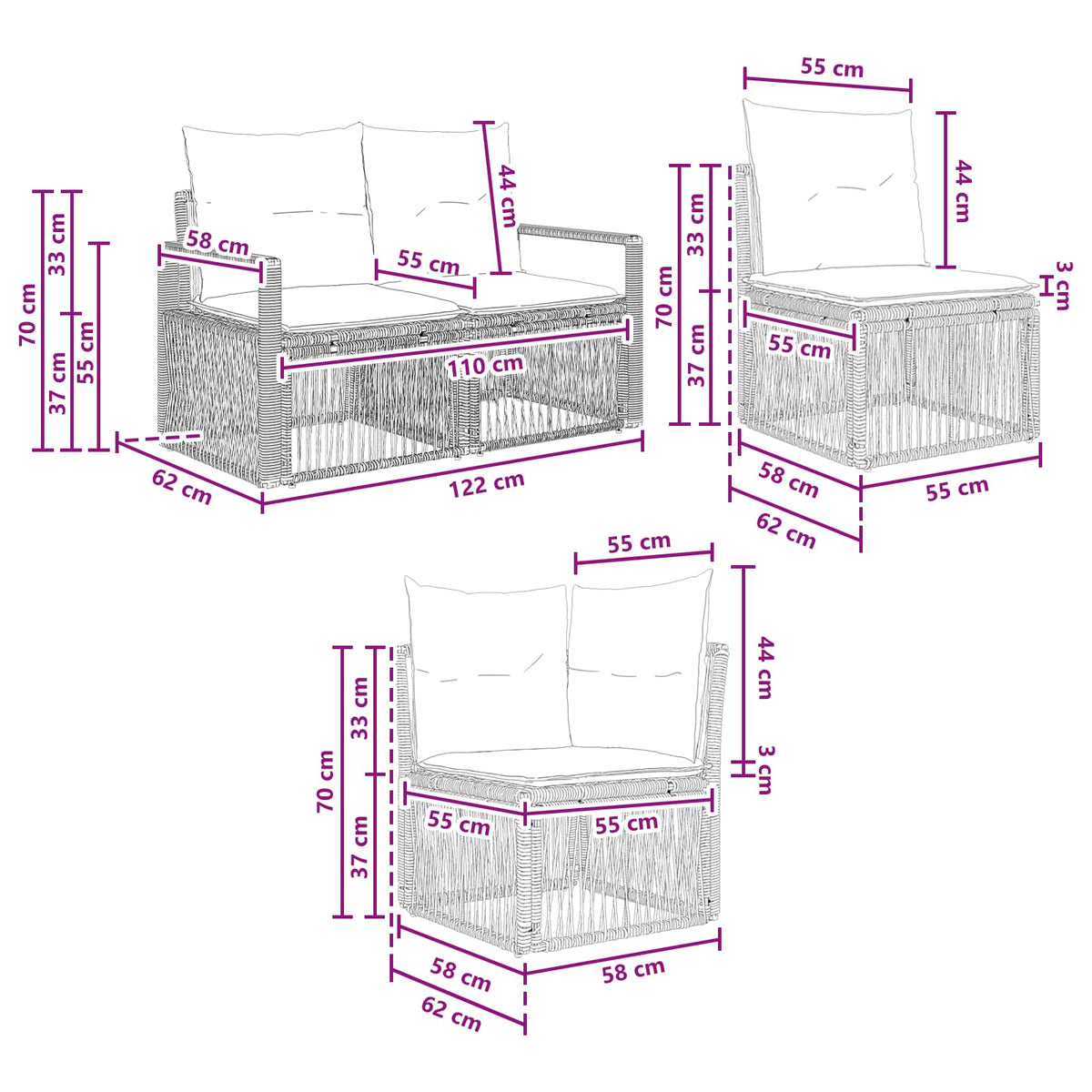 Sjedeća garnitura za vrt 9 kom. Siva poliratan 61 x 62 x 70 cm