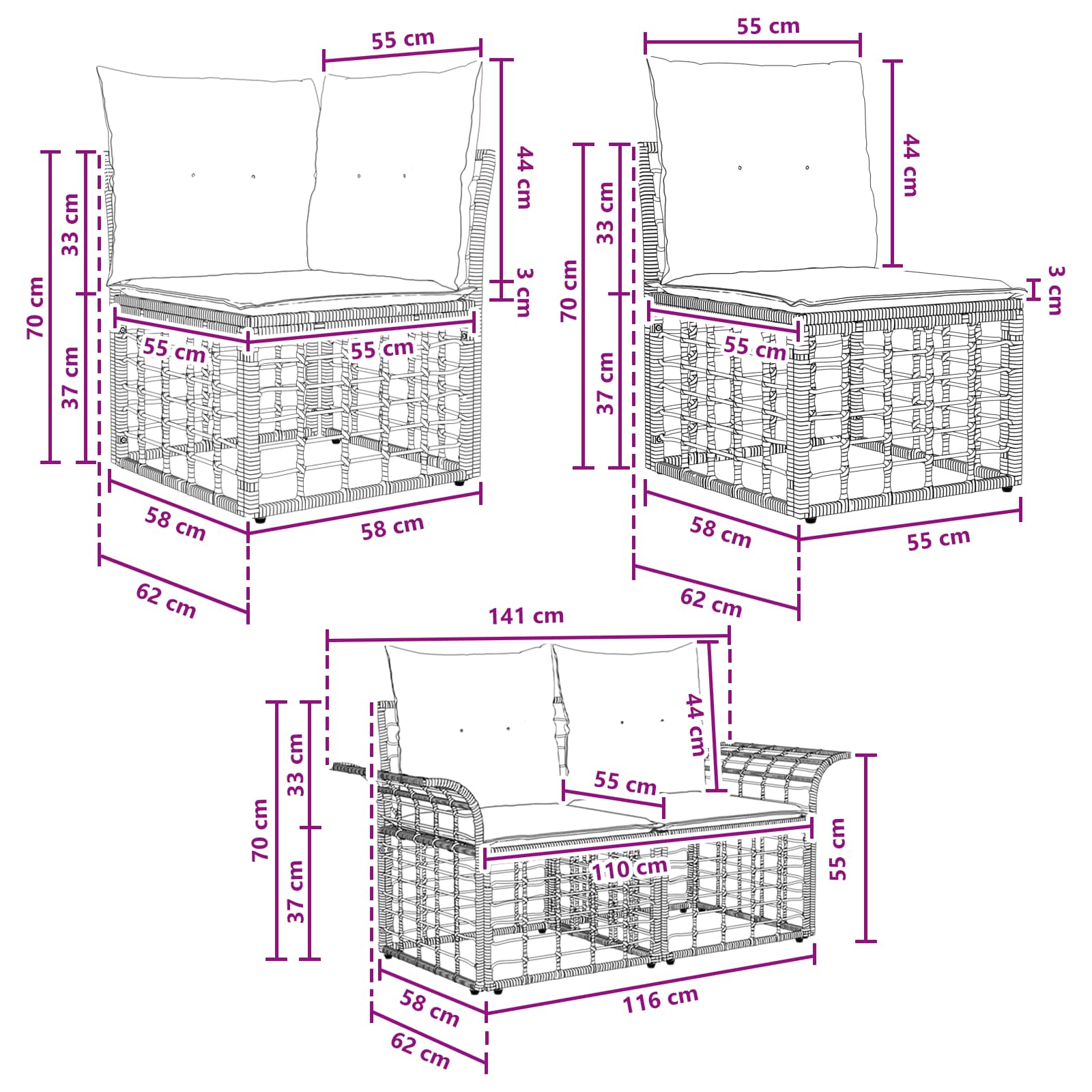 Set vanjskih sofa s jastukom 7 pcs Crna i tamno siva Poliester