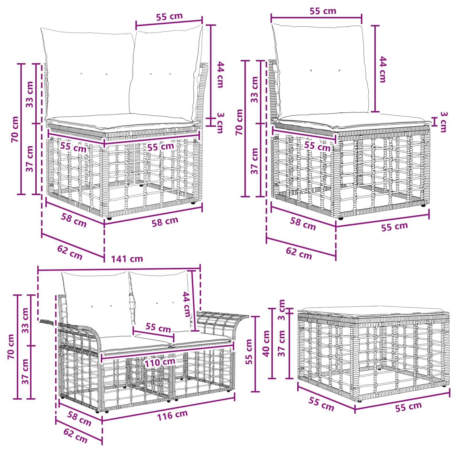 Set vanjskih sofa 6 pcs Crna i tamno siva Poliester