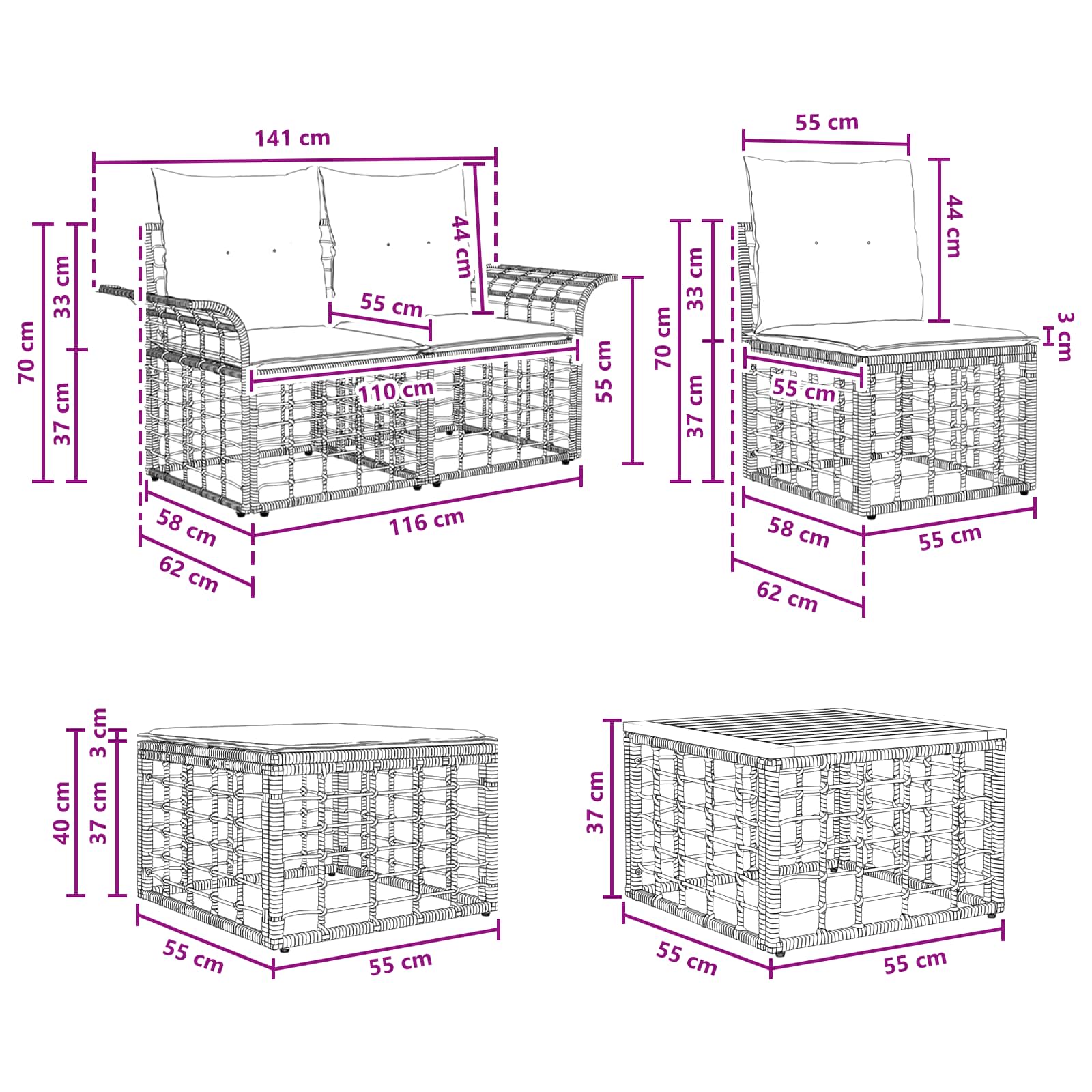 Set vanjskih sofa 7 pcs Crna i tamno siva Poliester