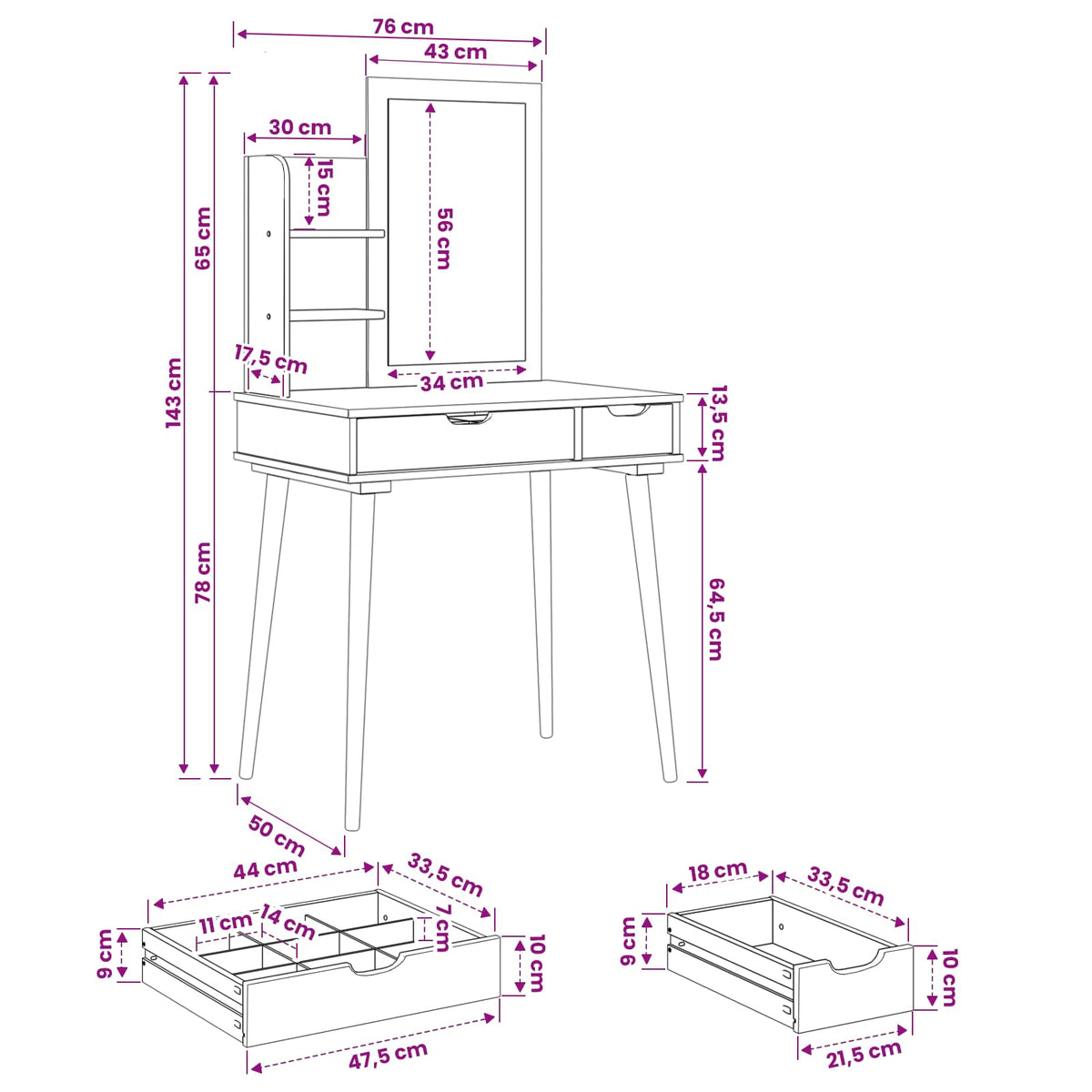 Set toaletnog stolića FAUSKE 3 kom. Bijela 76 x 50 x 143 cm
