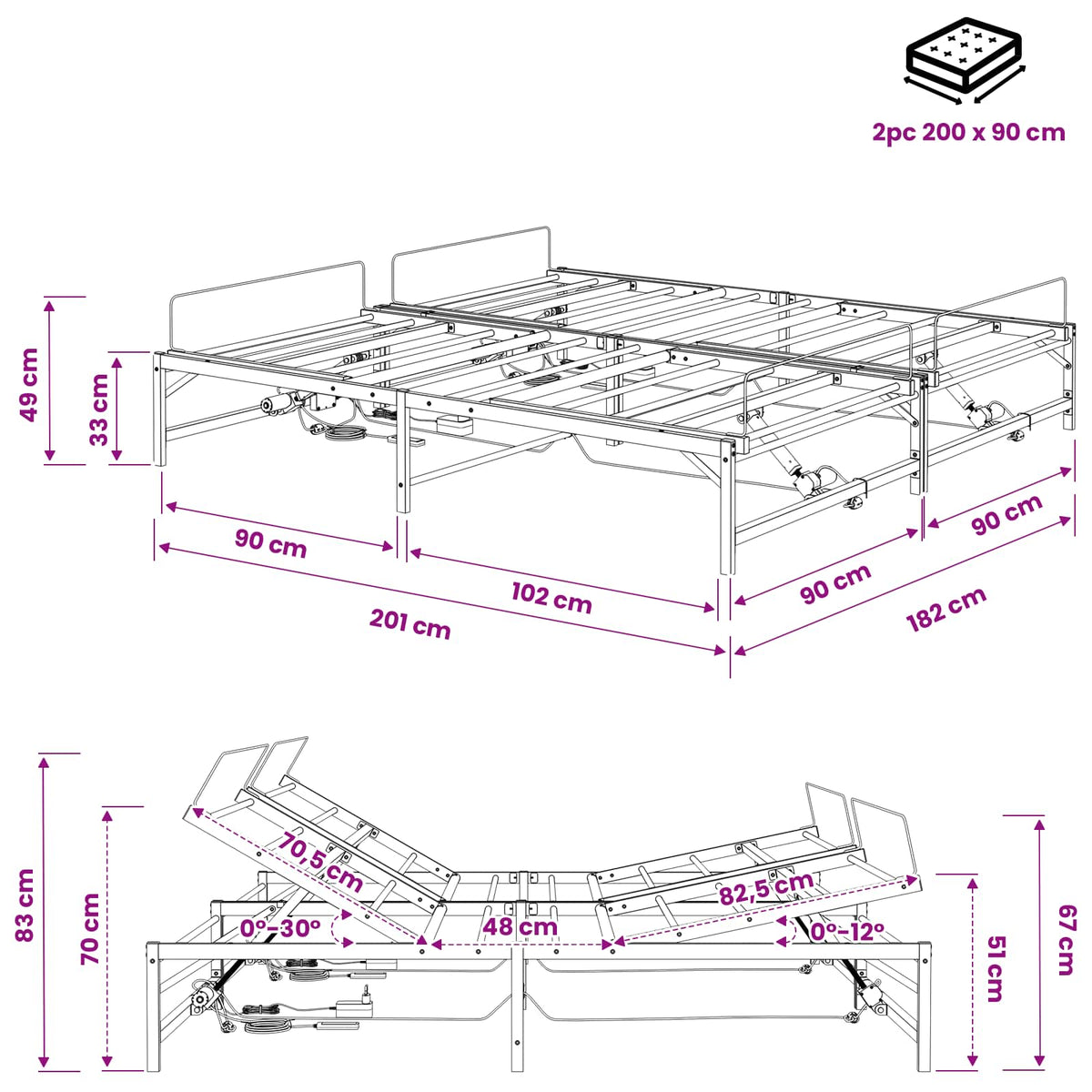 Električni podesivi okvir kreveta Crna 180 x 200 cm Čelik