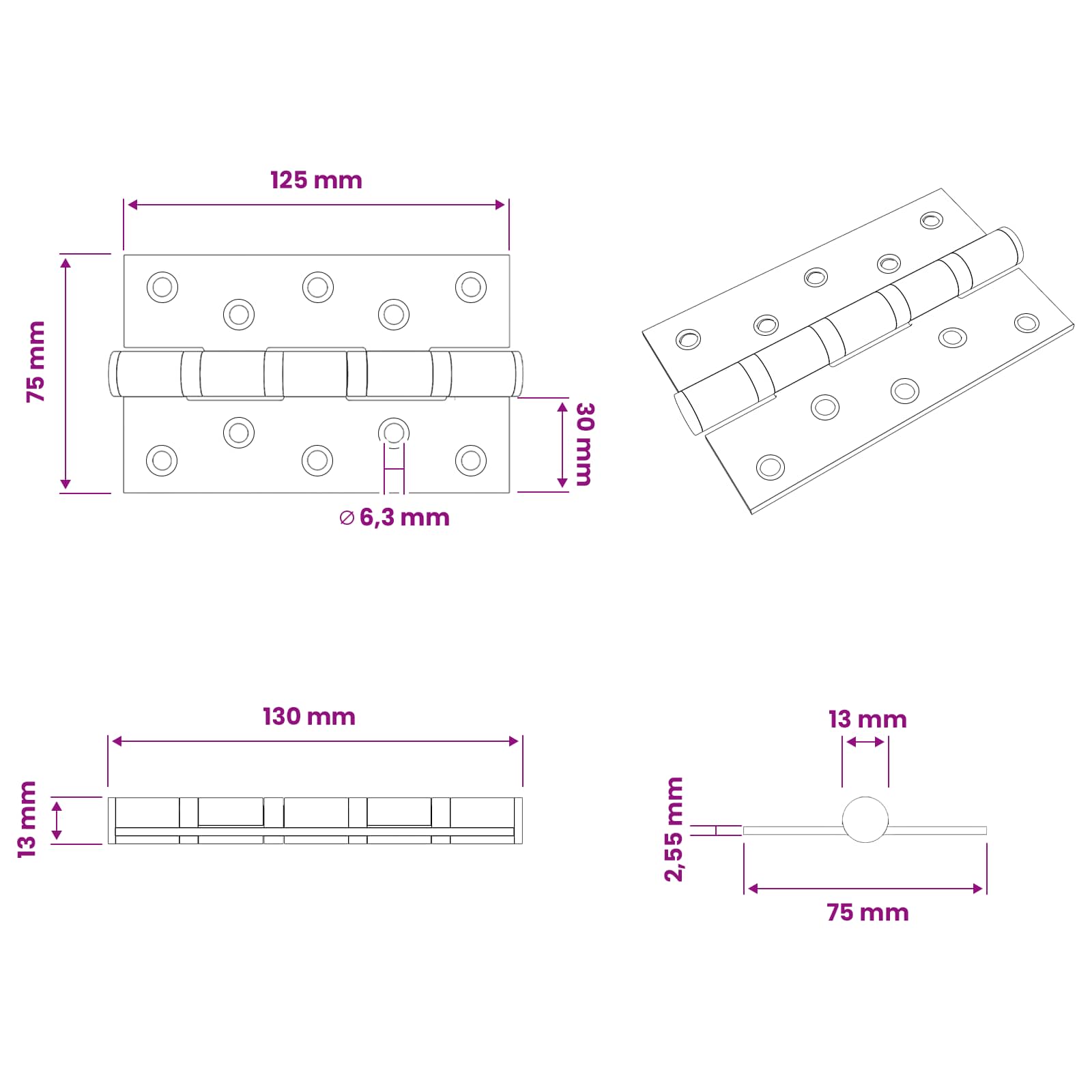 Šarka 4 kom. 125 x 75 x 13 mm Srebrna Čelik