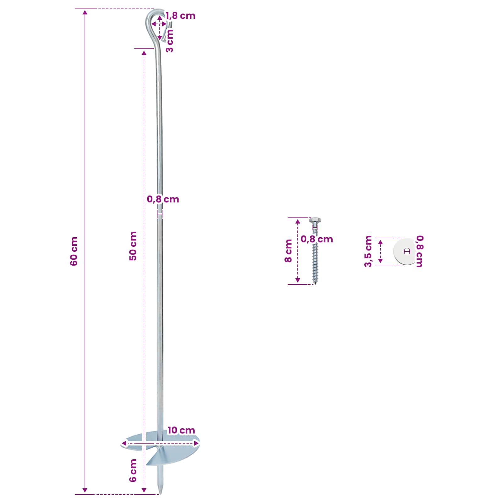 Zemaljska sidra 10 pcs Srebrna Ø10 x 60 cm Galvanizirani metal