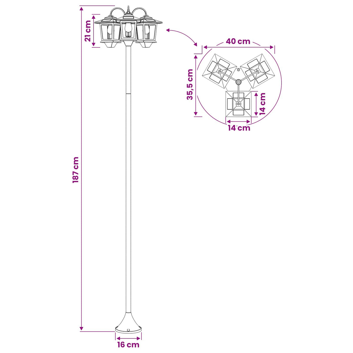 Lampa sa tri glave Crna 16 x 16 x 187 cm Aluminij i ABS
