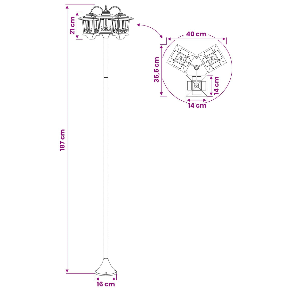 Lampa sa tri glave Crna 16 x 16 x 187 cm Aluminij i ABS
