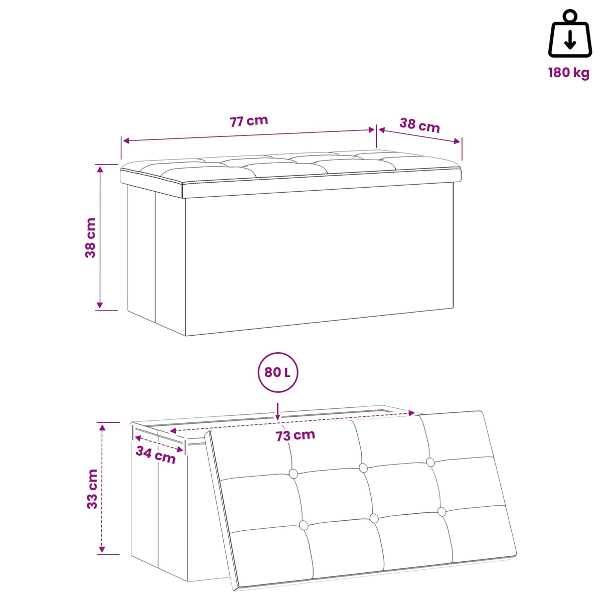 Sklopiva klupa za pohranu Bijela 180 kg 80 L 77 x 38 x 38 cm
