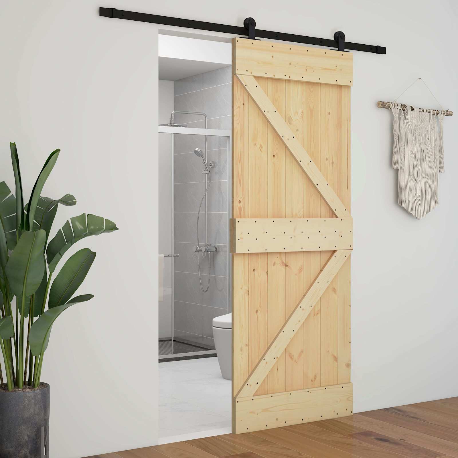 Klizna vrata Prirodna i crna 100 x 210 cm Masivna borovina