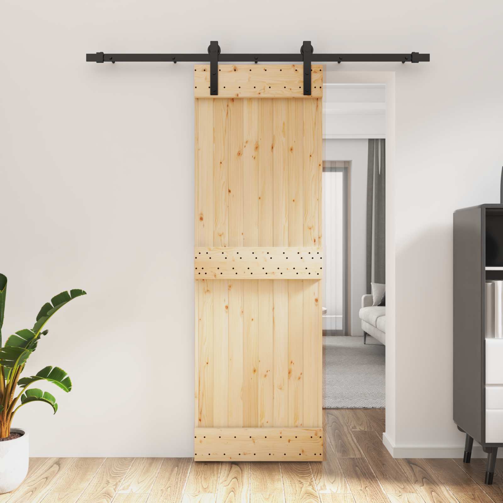 Klizna vrata Prirodna i crna 70 x 210 cm Čvrsta borovina