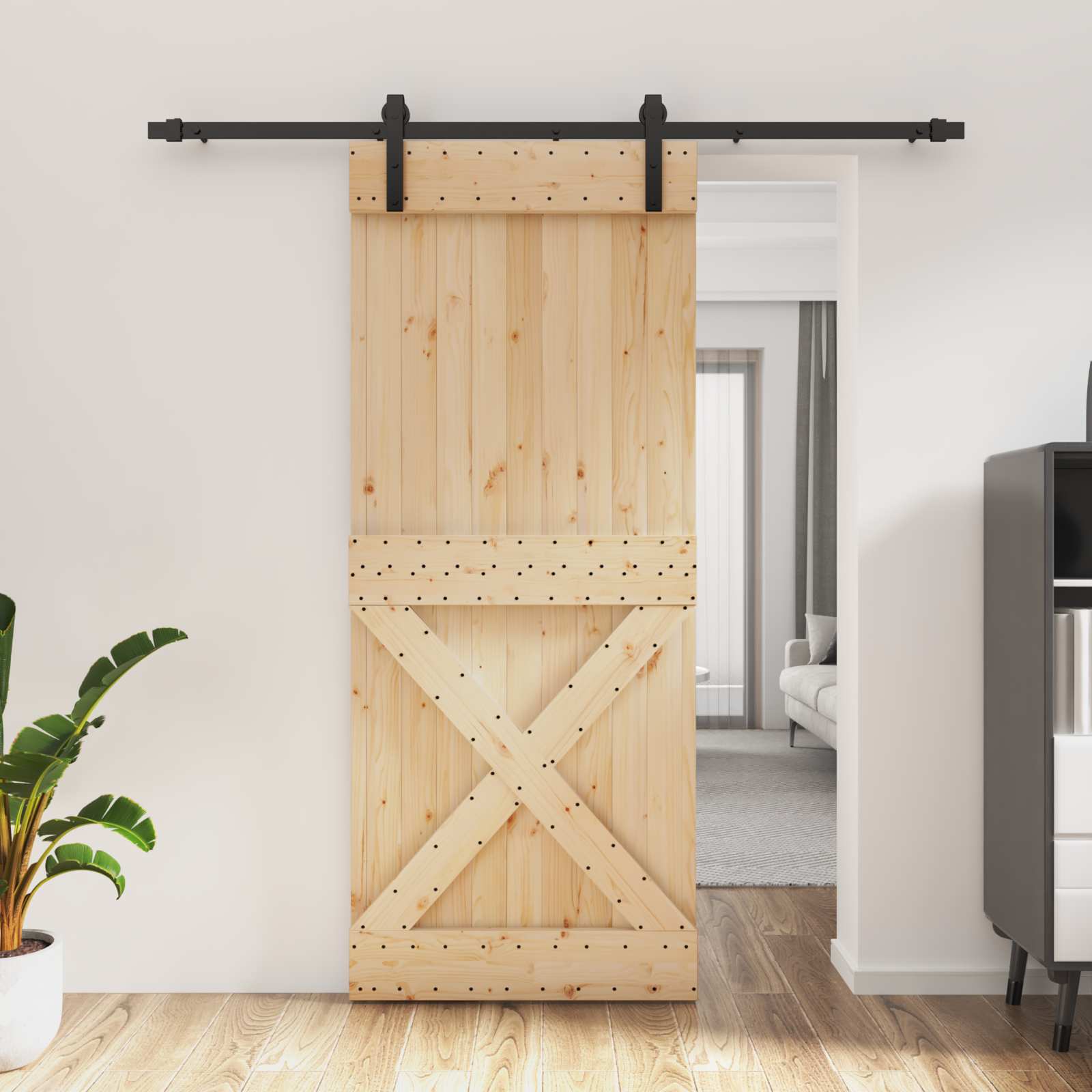 Klizna vrata Prirodna i crna 85 x 210 cm Čvrsta borovina