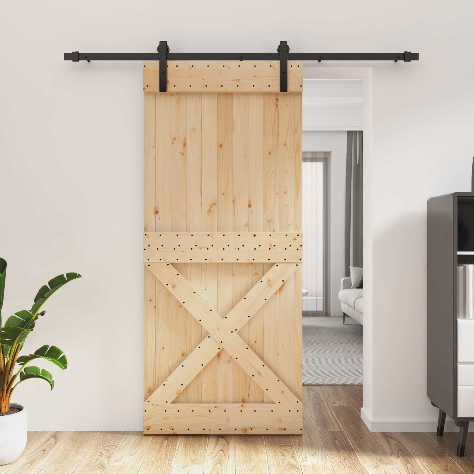 Klizna vrata Prirodna i crna 90 x 210 cm Čvrsta borovina