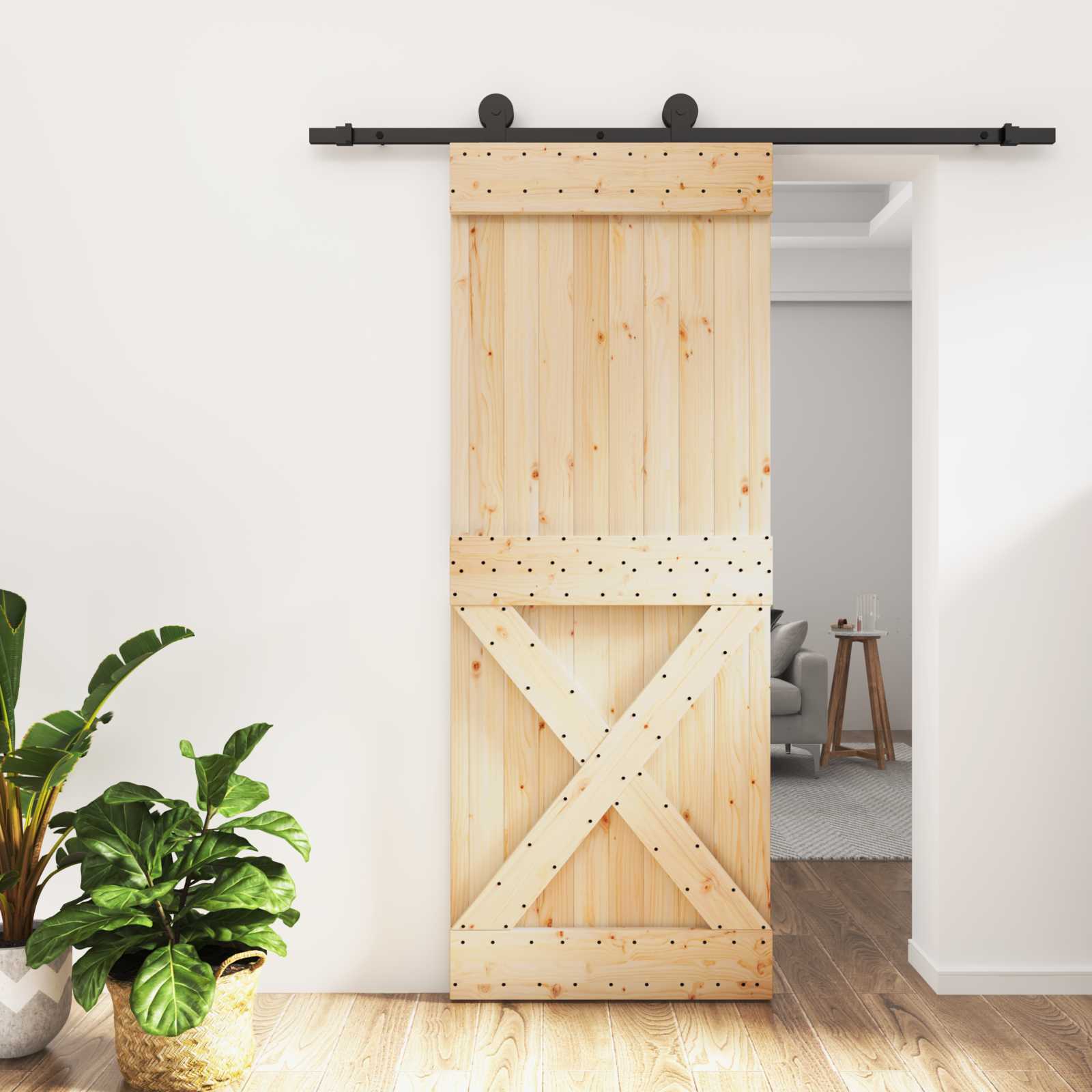 Klizna vrata Prirodna i crna 80 x 210 cm Čvrsta borovina