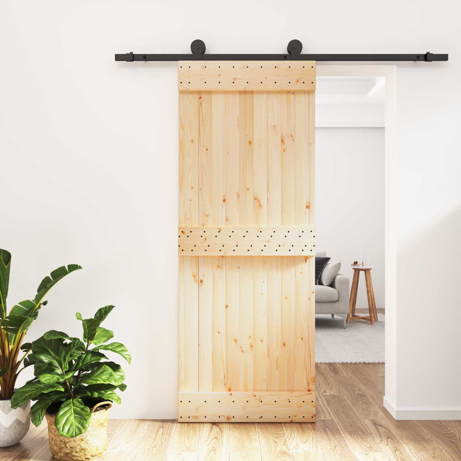 Klizna vrata Prirodna i crna 80 x 210 cm Čvrsta borovina