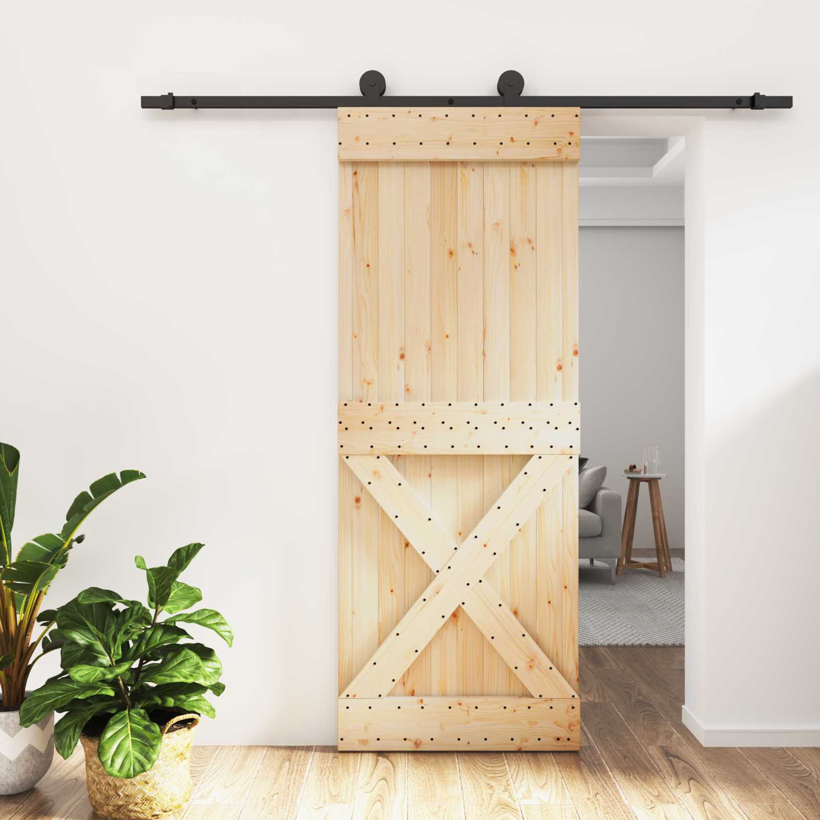 Klizna vrata Prirodna i crna 80 x 210 cm Čvrsta borovina