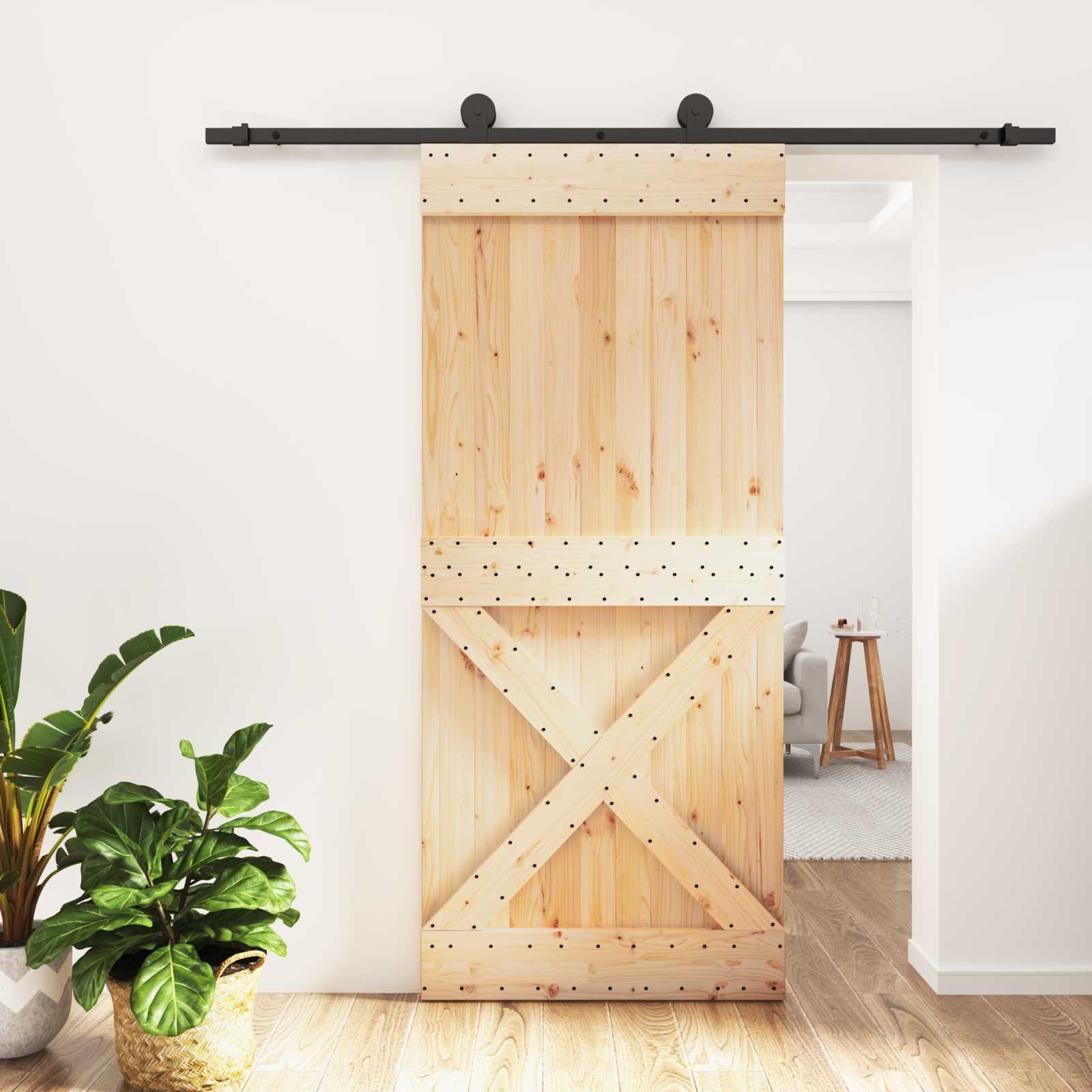 Klizna vrata Prirodna i crna 90 x 210 cm Čvrsta borovina