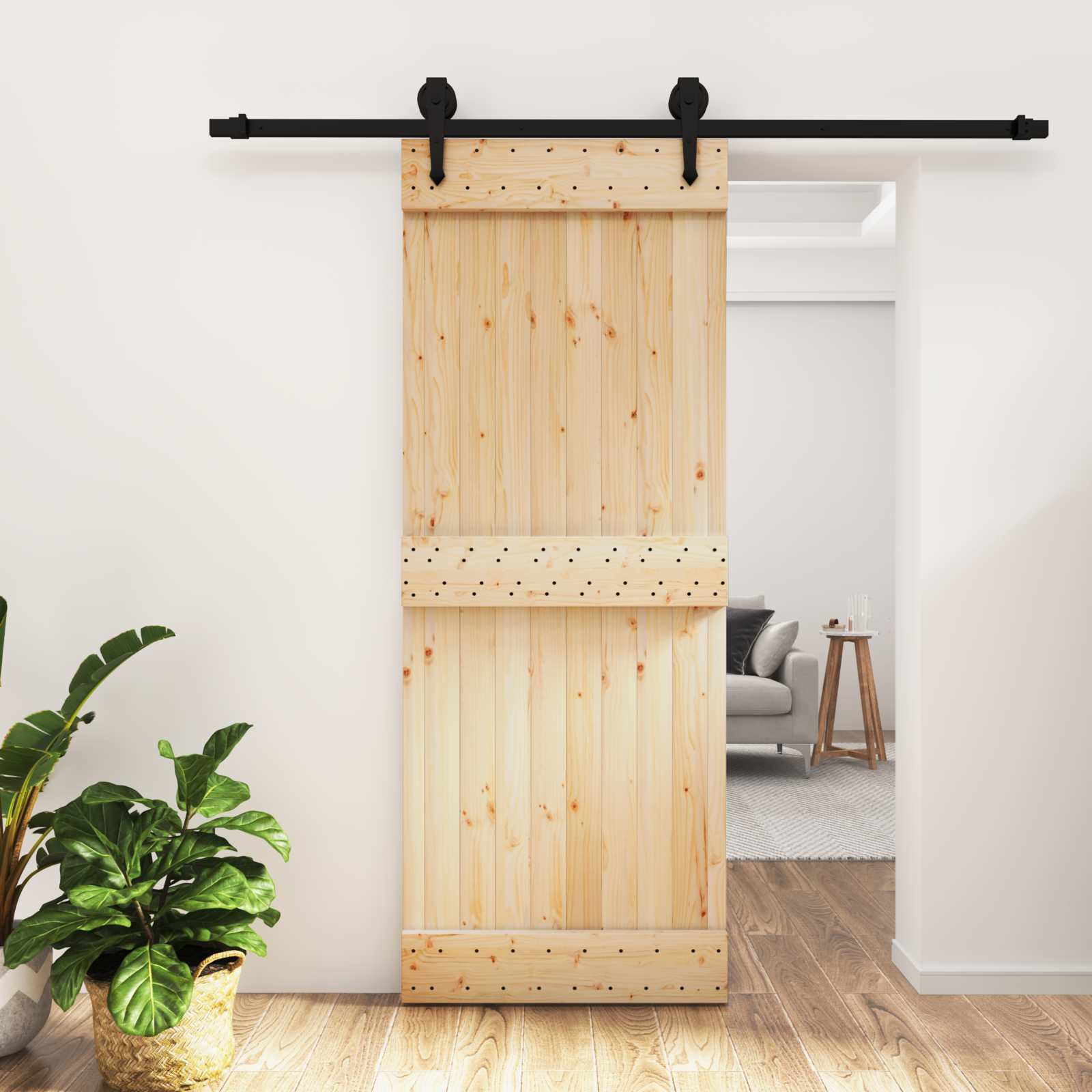 Klizna vrata Prirodna i crna 80 x 210 cm Čvrsta borovina