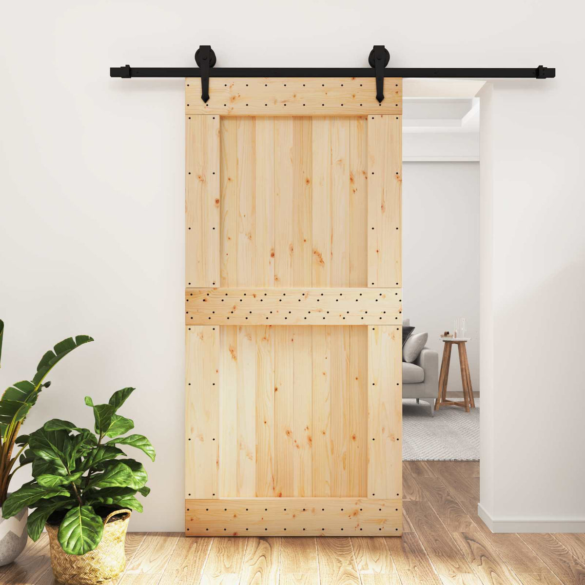 Klizna vrata Prirodna i crna 100 x 210 cm Čvrsta borovina