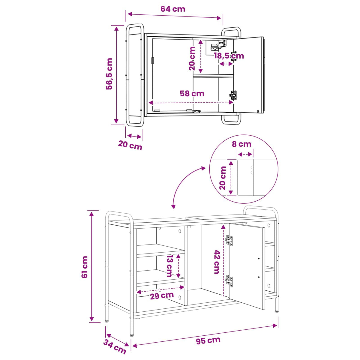 Set ormarića za kupaonicu 2 kom. Siva Sonoma 65,5 x 34 x 61 cm