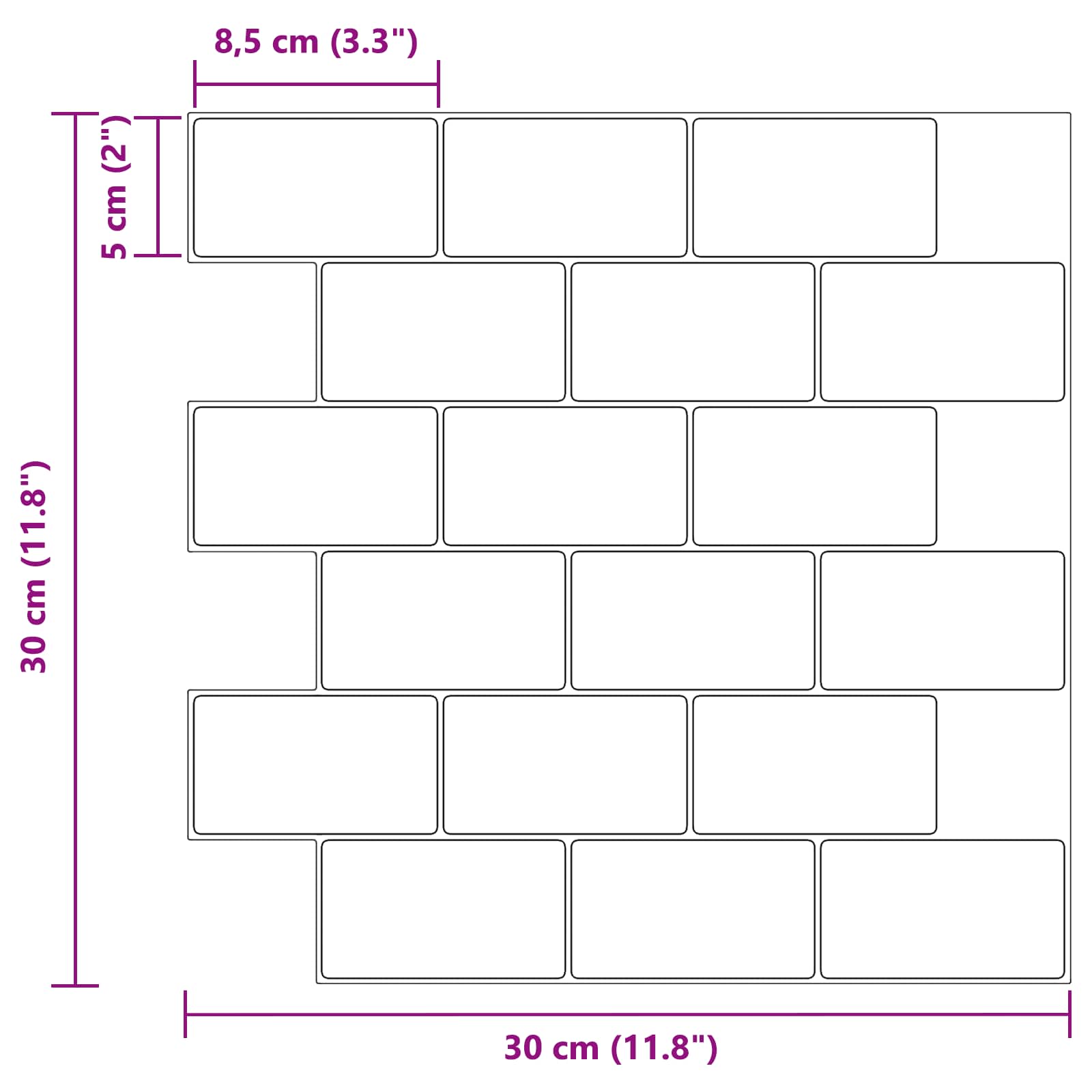 Subway pločica 10 pcs Bijela crna 30 x 30 cm Poliuretan i PET